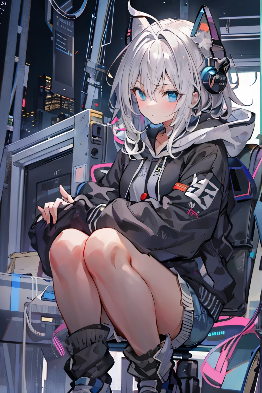 sitting on the chair, Perfect female body, 1 girls, 20 years old, long gray hair, white and silver hair, huge ahoge, ^ ^, medium chest circumference, bright skin, oversized clothes, hoodie, short shorts, black background Clothes, open air operations center,