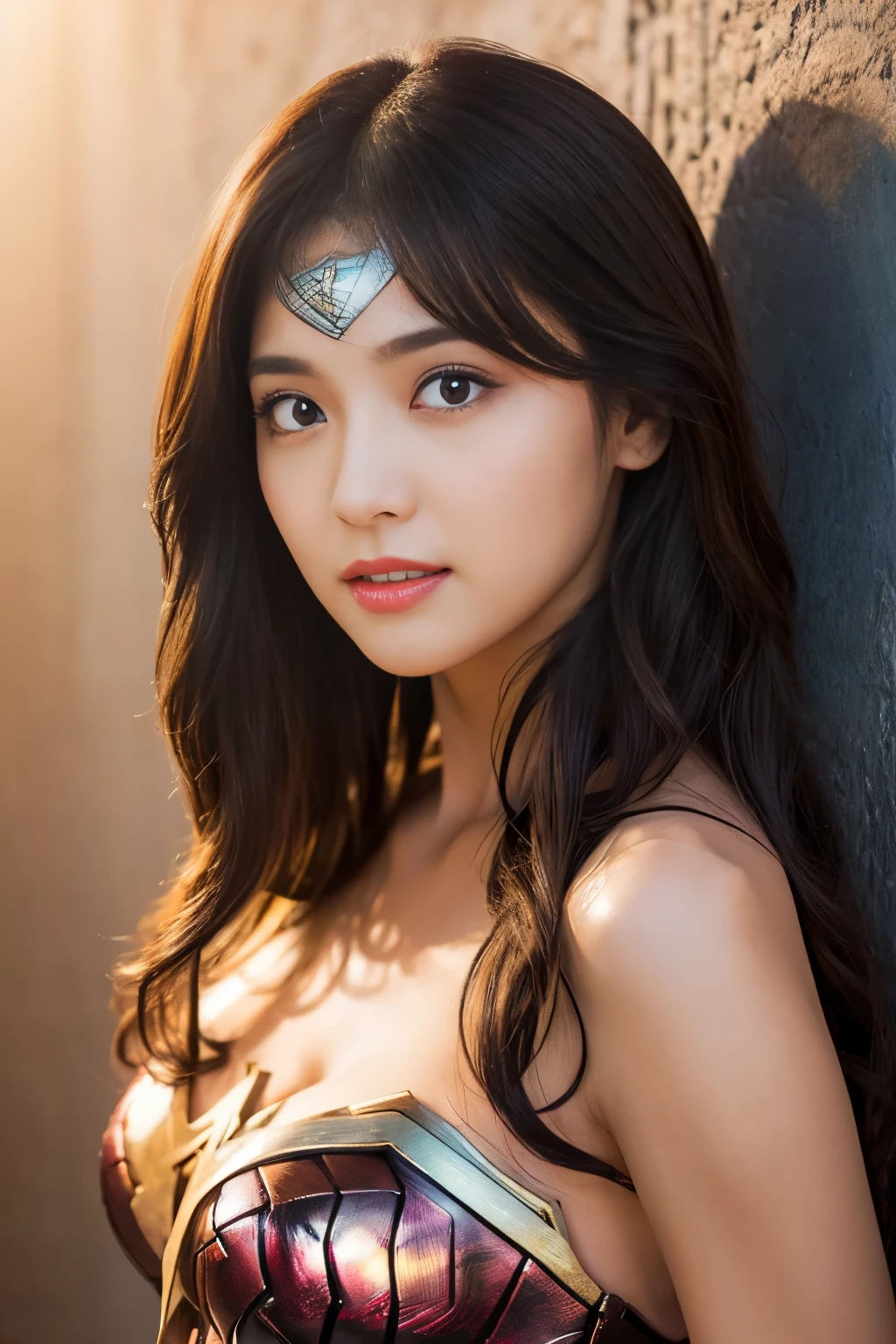 masterpiece、1 beautiful girl、fine eyes、puffy eyes、highest quality, 超High resolution, (reality: 1.4), movie lighting、Japanese、asian beauty、Korean、super beautiful、beautiful skin、body facing forward、close up of face、(超reality的な)、(High resolution)、(8K)、(very detailed)、(美しくfine eyes)、(Super detailed)、 (wall-)、detailed face、bright lighting、professional lighting、looking at the viewer、look straight ahead、slanted bangs、night view、brown hair、Nogizaka idol、korean idol、fiery idol pose、、25 years old、wonder woman cosplay