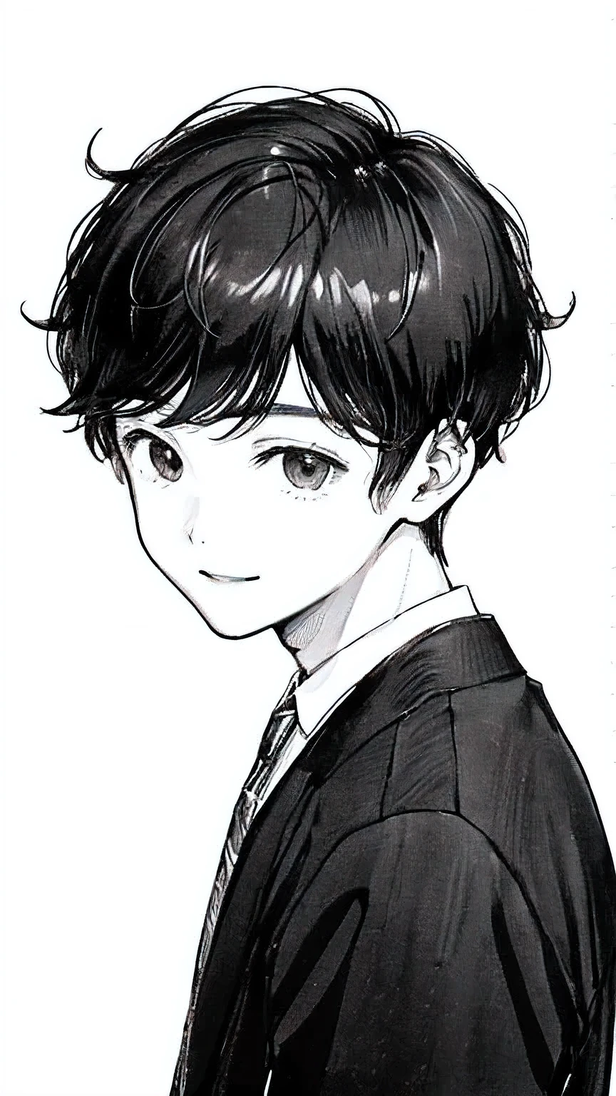 Draw a line, 1st son, students, Teens, face, cartoon style, Webtoon style, laugh, small face, good face, Dan Dee, Hansom, idol face, kpop idol, black hair, Short hair, black eye, School look, upper body,