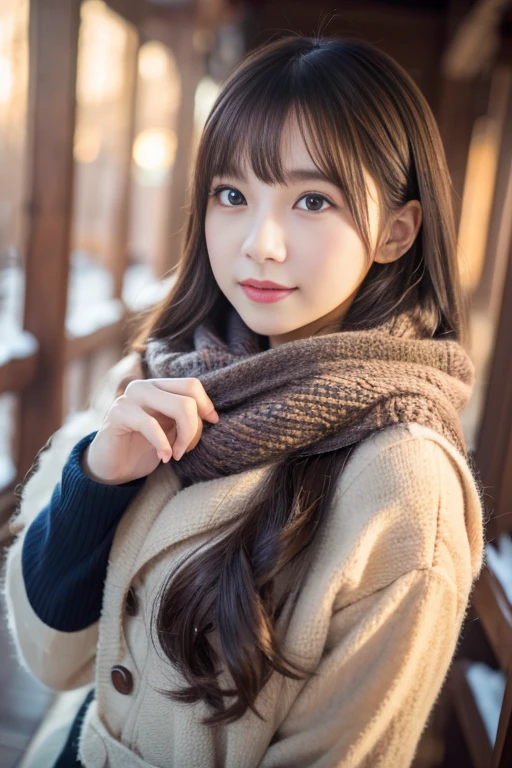 (Best image quality、8k、masterpiece:1.3))、Realistic high-quality photos、highest quality、pretty girl~Well-groomed face、25 year old beautiful Japan woman、Photos of slim models、Big model、若いJapanese Girls、Young and pretty face、Japanese Girls、25-year-old female model、Beautiful model girl、The innocent look of the girl next door、Nice delicate face、Brown Hair、Beautiful brown eyes、Tear bags、Drooling eyes、Young Body、coat, scarf, gloves, winter
