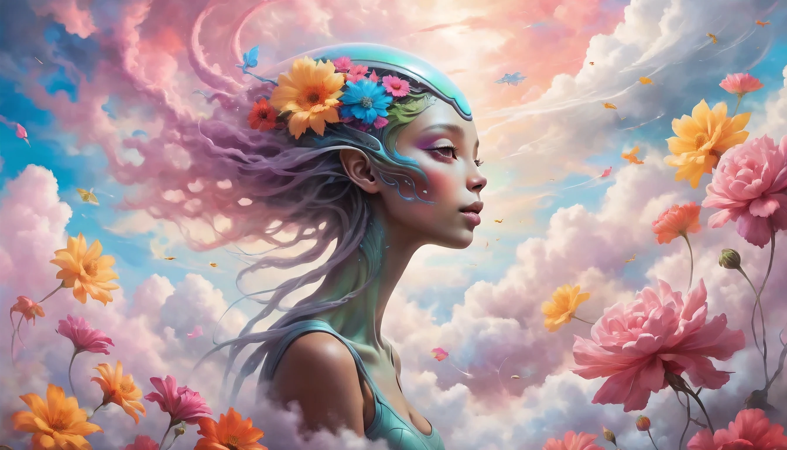 "((Ethereal)) depiction of an alien girl harmonizing with the clouds, vibrant splashes of color creating a symphony in the sky, flowers adding a touch of grace to this fantastical and dreamlike composition"