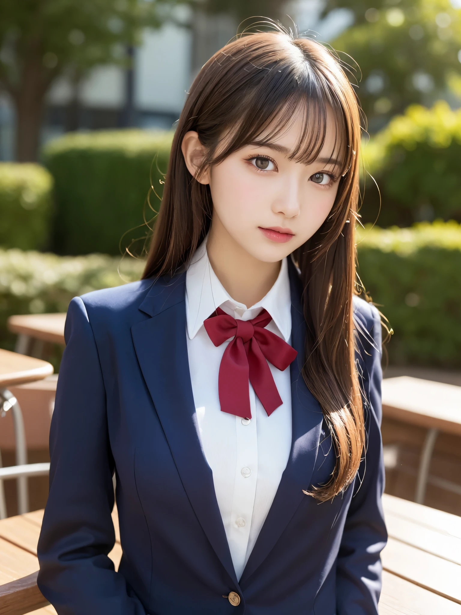 (One Girl), (Very detailed美しい顔), Great face and eyes, (Highest quality:1.4), (Very detailed), (Very detailed CG 統合 8k 壁紙), Very detailed, High resolution raw color photos, Professional photography, Realistic portraits, Great face and eyes, Pink Eyes, (High School Uniform, Pleated mini skirt:1.3), (胸元が大きく開いたHigh School Uniform:1.4), Twin tails, Brown Hair, model, (((Bokeh))), Depth of written boundary, School, classroom, (squat:1.2), (Lace panties:1.2), View from below