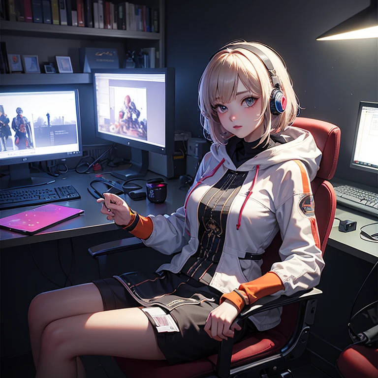 1 gamer girl, playing games, sitting, room, large breasts, hoodie, wearing hood, cag headphones, focused, (dim-lit room),((nighttime:1.5)), {correct posing}, {minute details} {extremely beautiful and delicate anime face and eyes}, {from front:0.8}, ((masterpiece:1.4)), ((best quality:1.4)), extremely delicate and detailed anime body, detailed background, correct posing, ((raytracing)), ( intricate clothes), detailed body, blur, depth of field, abstract, surreal, incredible lightening, beautiful shapes, textured, playing games, sitting on gaming chair,