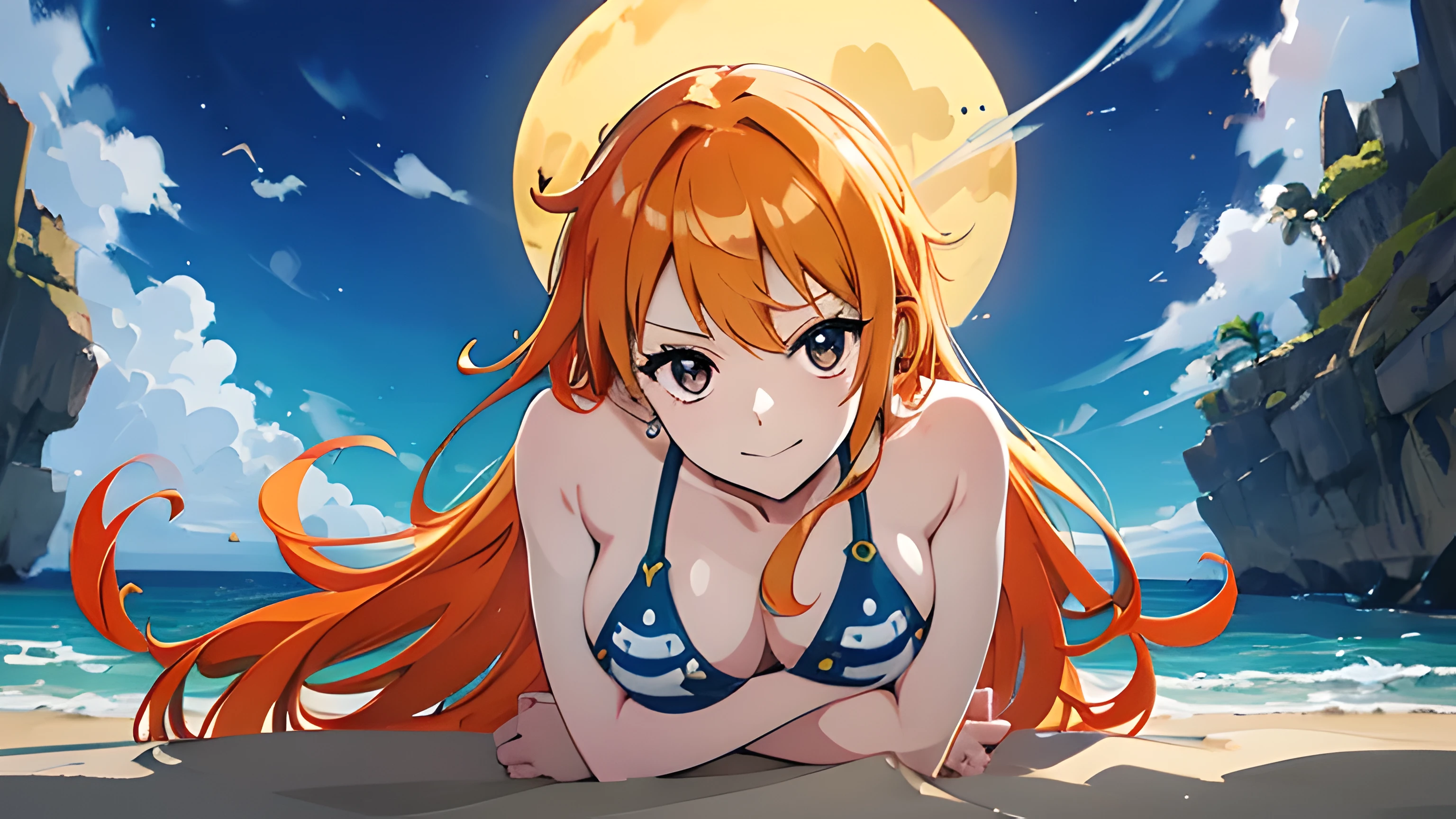 A alone Nami in a bikini lying on the beach in a sensual pose on a full moon night Capture her distinctive look with orange hair, pirate outfit and a happy expression. -se de que a imagem reflete sua personalidade aventureira e confiante, as shown do not anime.., corpo inteiro, plano amplo , Fundo navio pirata, Saia, olhos laranja, olhos laranja, Axilas, 8k, HDR, imagem maximo detalhada, Ultra-HD, studio lighting, Tinta ultrafina, sharp focus,Nami Rosto, olho nami, arms behind the back, (fundo do navio pirata) (melhor qualidade, 4k, 8k, high resolution, obra de arte:1.2)