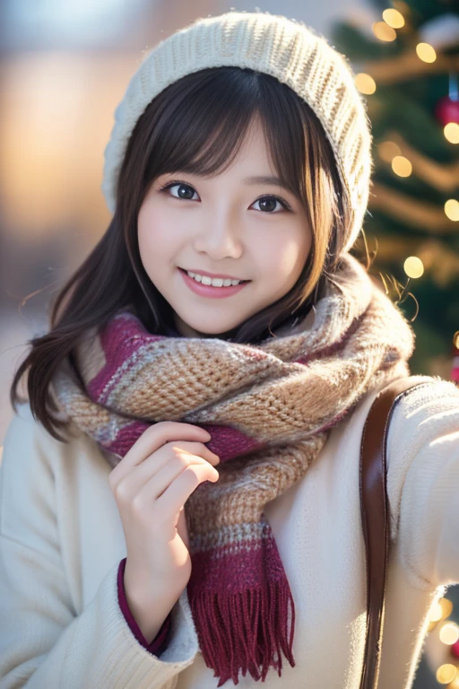 "(highest quality,4K,8K,High resolution,table top:1.2),clavicle、25 year old girl、Winter clothes、Scarf、indoor background、soft focus、selfie、lover style、close up of face、smile