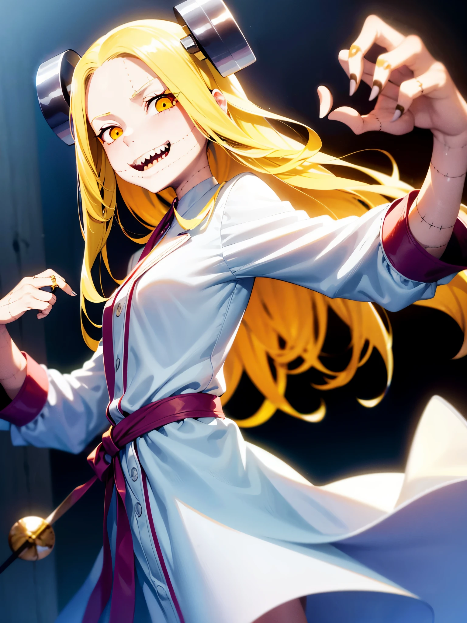 Fran,young woman,white robe ,costs,((He looks with disgust)),angry, long hair , yellow hair,seams , Scars on the body , (A creepy look) , scary eyes,sharp teeth ,(((creepy smile)))