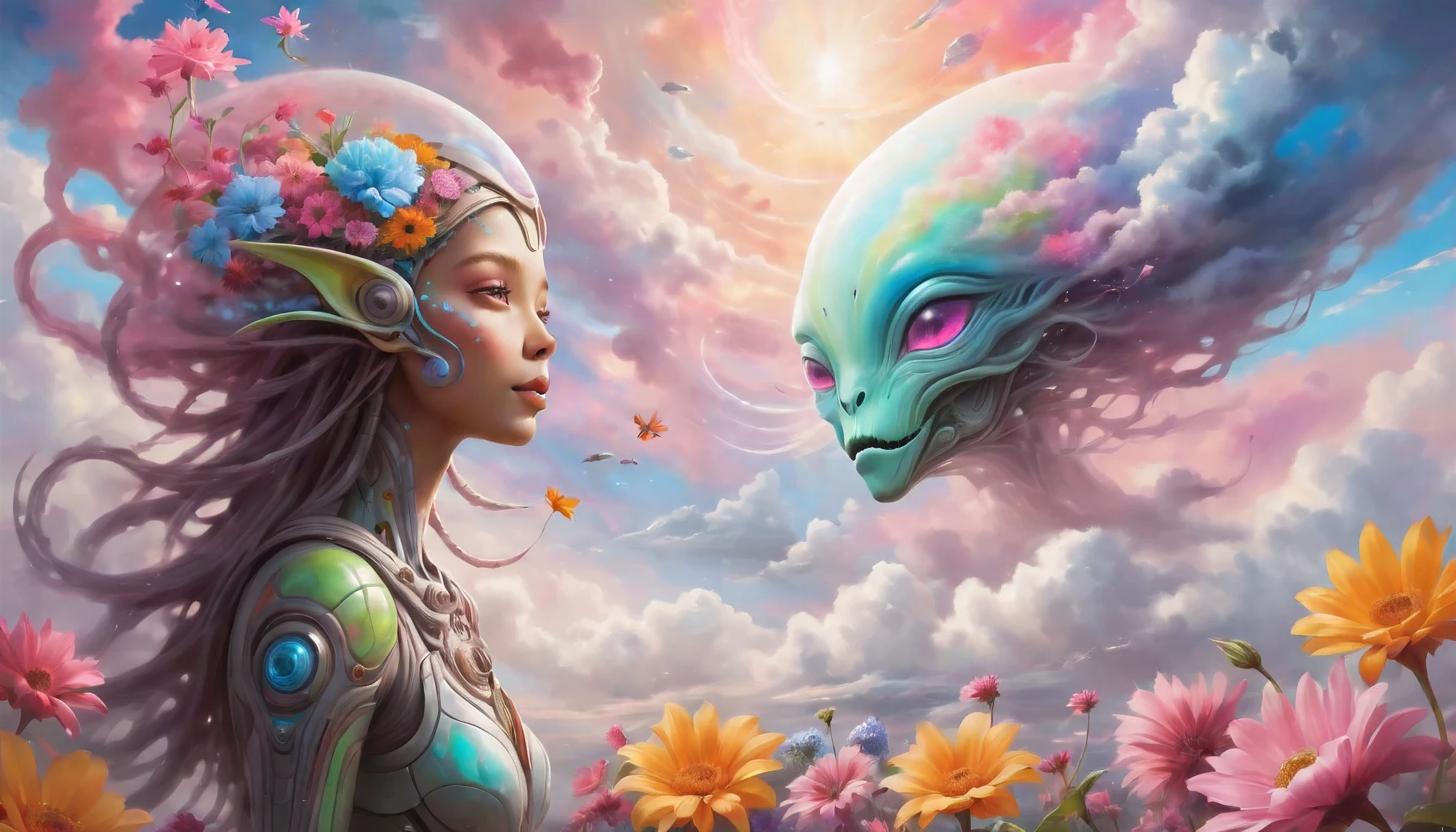 "((Ethereal)) depiction of an alien girl harmonizing with the clouds, vibrant splashes of color creating a symphony in the sky, flowers adding a touch of grace to this fantastical and dreamlike composition"