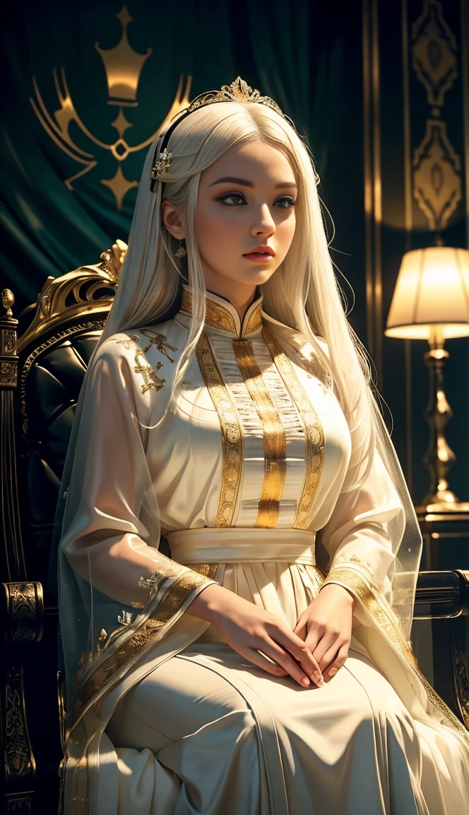 Masterpiece: 1.4), highest quality, (Illustration: 1.2), (Ultra detail), hyper detail, (delicate detail), (intricate detail), (cinematic light, highest quality backlight), clear line, from below, soloist, perfect body, (1 girl), white hair and yellow eyes, (emperor, black see-through clothes), , sit on the throne, close your eyes a little, bow your head, ( shy: 1.2), (makeup), high contrast, (best lighting, very creative and beautiful), (cinematic light), colorful,