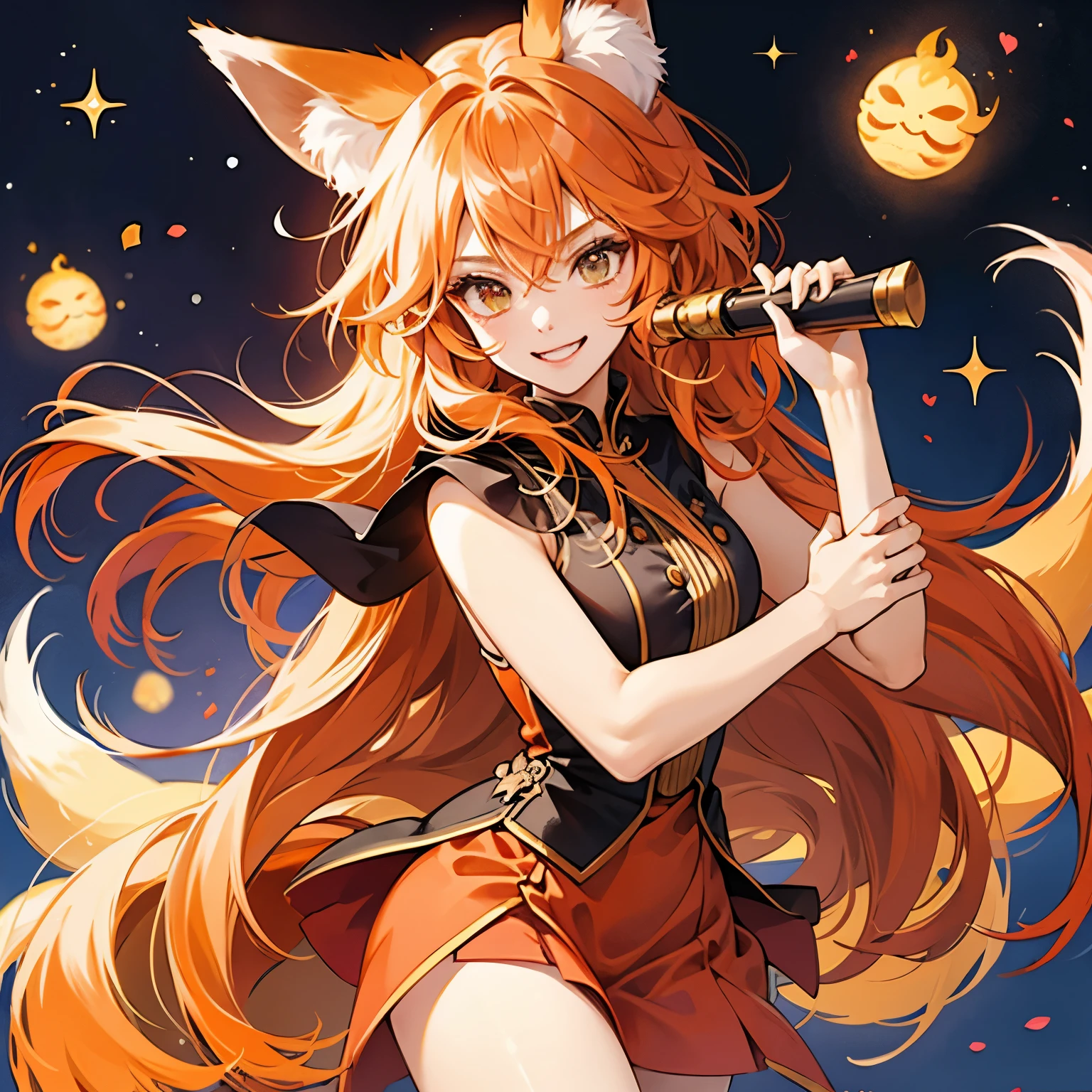 1 girl, long orange hair, holding a magical flute, fox outfit, fox ears, miraculous fox power