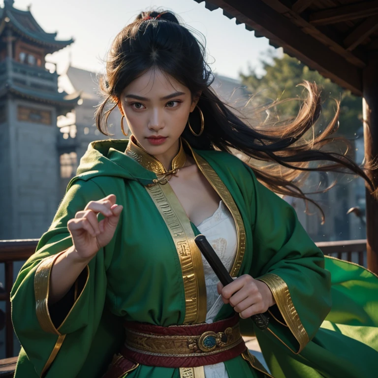 (best quality,highres,masterpiece:1.2),ultra-detailed,realistic,(HDR,UHD),impressive martial arts scene,portrait of a beautiful swordswoman,green robe,golden earrings,powerful and elegant martial artist,fierce expression,flowing hair,motion blur on the sword,traditional Chinese martial arts background,tense atmosphere,vibrant colors,impressive lighting effect