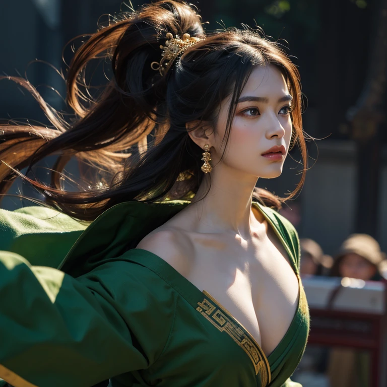(best quality,highres,masterpiece:1.2),ultra-detailed,realistic,(HDR,UHD),impressive martial arts scene,portrait of a beautiful swordswoman,green robe,golden earrings,powerful and elegant martial artist,fierce expression,flowing hair,motion blur on the sword,traditional Chinese martial arts background,tense atmosphere,vibrant colors,impressive lighting effect