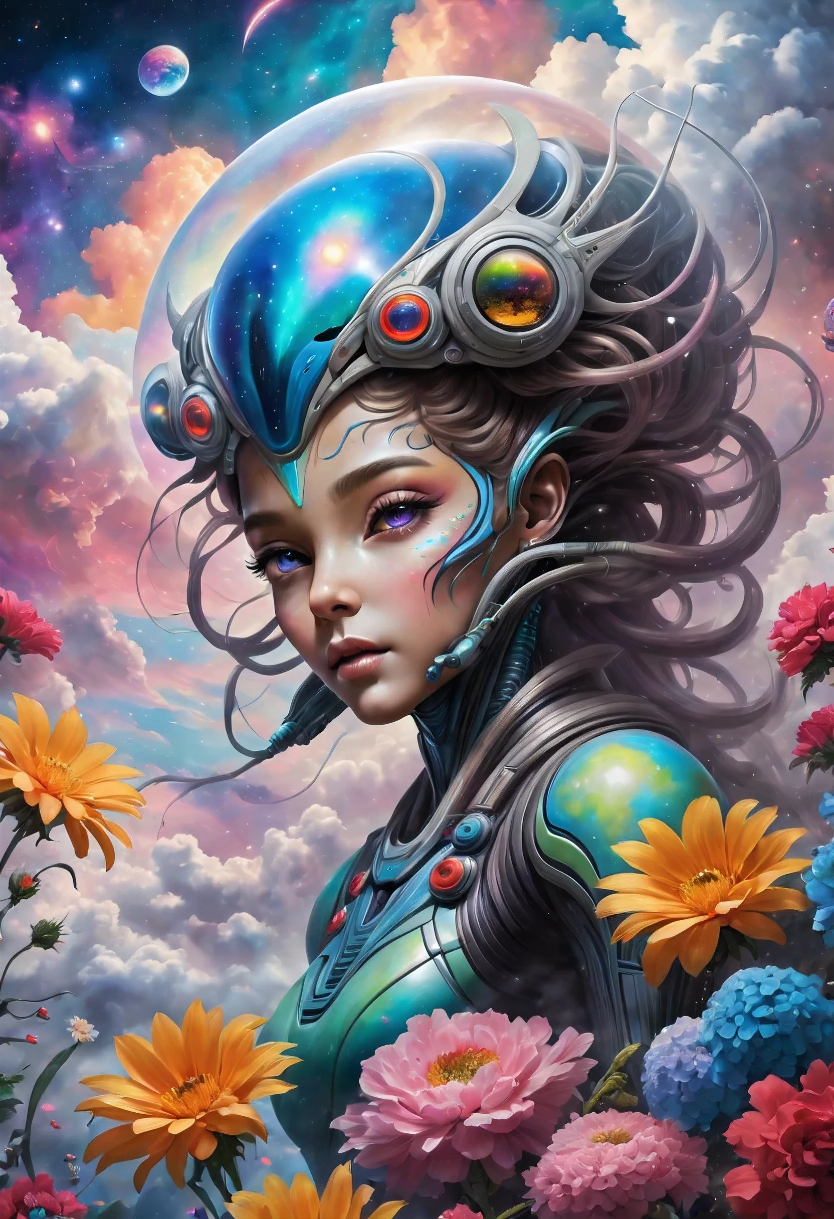 "((Galactic)) scene portraying an alien girl surrounded by a symphony of clouds, splashes of vivid colors, and delicate flowers, an imaginative composition that sparks the viewer's curiosity"