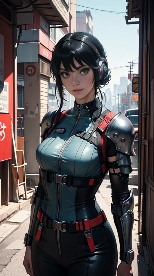 Beautiful hyperrealistic photograph of cute smiling Japanese cyberpunk female, wearing (((cyberpunk armor))), (((combat harness))), shapeless cyberpunk hair, elegant pose, cyberpunk street background, abstract beauty, near perfection, pure form, Golden Ratio, minimalism, concept art, By Brian Froud and Carne Griffiths and Wadim Kashin, intricate detail, 8k post-production, High resolution, super Detail, trending on ArtStation, sharp focus, studio photos, intricate detail, Very detailed, By Greg Rutkowski