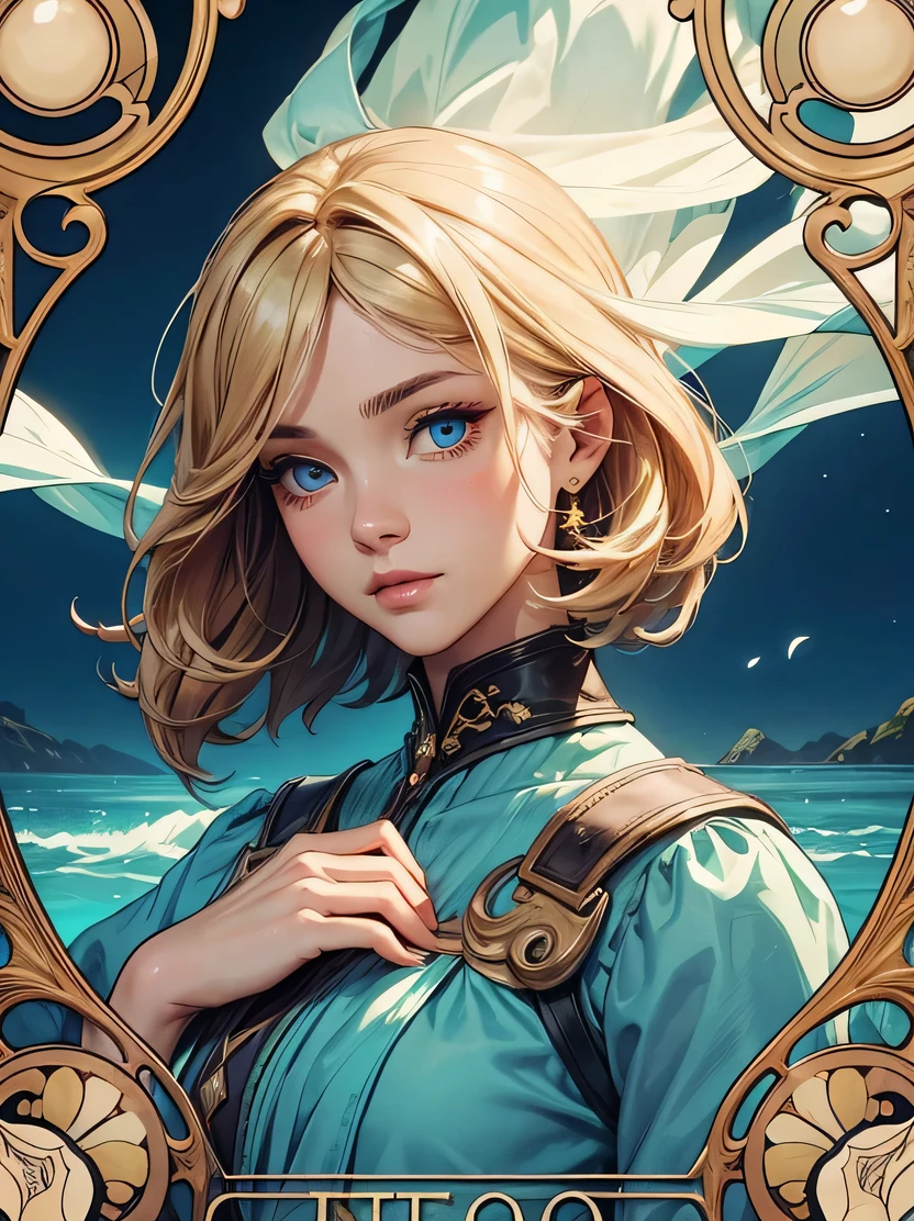 ((masterpiece、highest quality、Super detailed、High resolution、sharp focus、cinematic lighting))、high contrast、high color saturation、face light、cowboy shot、Tideplay、Wind、flying petals、one beautiful woman、short blonde hair、(((hairstyle)))、(((detailed hand drawing)))、Eye color is turquoise blue、((fine eyes、high quality eyes、high quality face))、(highly intricate dress)、official art、sketch、An illustration、tarot card style、gothic frame、art nouveau、Influence of Alphonse Mucha、3DMM
