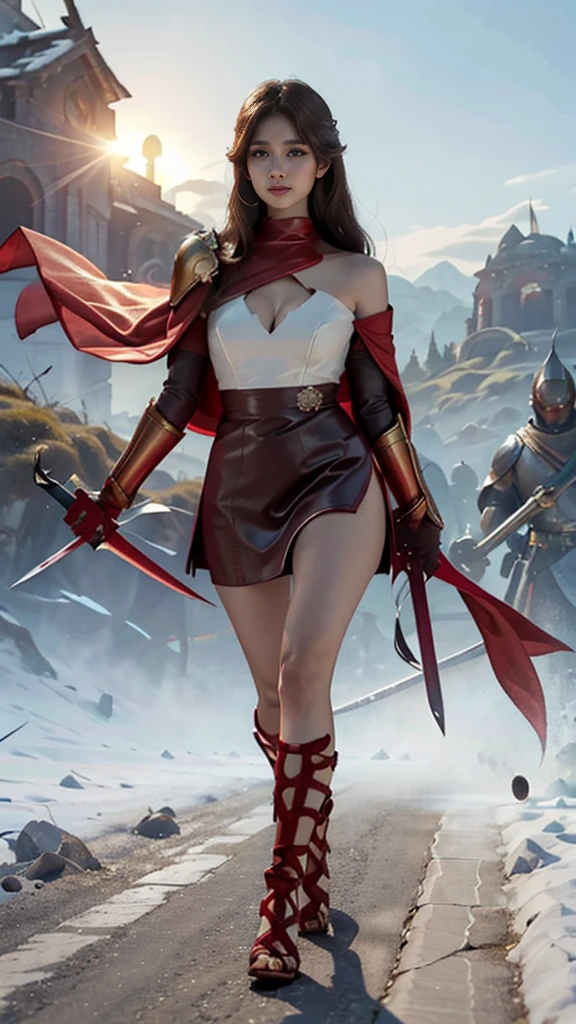 Woman in red silver dress, ((run)), Fight monsters, Immersive art station, ศิลปะFantasyที่มีรายละเอียด, Amazing character art, Excellent and neat character art, beautiful armor, very detailed, red armor girl, Exquisite headdresses and ornaments, (best quality, 10, Masterpiece :1.3), (realistic, ภาพrealistic: 1.37), (1 girl), (Beautiful women between the ages of 18-20), (thin), (Focus on the slender abdomen.. :1.3), (Korea), (Pastel colored leather dress, Long red leather cloak, Long red leather cloak, Show your arms and shoulders., white leather skirt, short leather skirt, Emphasize her legs., High groove,), (รองเท้าHeel Height), (Random pose), Huge breasts, exposed cleavage, ((dark brown hair, long hair)), exquisite face, Open the show, Fantasy, Slender figure, Very smooth face, Good eyes, Double eyelids, (long hair, Random hairstyles), (big girl :1.3), (outdoor), (Extraordinarily detailed face), (Detailed eyes), (Double eyelids), (Eyeshadow makes eyelashes look thicker.......), obscure, (Long legs, Heel Height), (((Whole body))), (professional lighting), (Photon mapping), (Radiation), red armor girl, silver armor girl, ((holding a big sword in hand)), (Look directly at the audience.....), cliff scene, mountain, cave mouth, stone, Dungeon