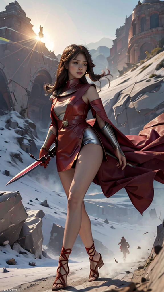 Woman in red silver dress, ((run)), Fight monsters, Immersive art station, ศิลปะFantasyที่มีรายละเอียด, Amazing character art, Excellent and neat character art, beautiful armor, very detailed, red armor girl, Exquisite headdresses and ornaments, (best quality, 10, Masterpiece :1.3), (realistic, ภาพrealistic: 1.37), (1 girl), (Beautiful women between the ages of 18-20), (thin), (Focus on the slender abdomen.. :1.3), (Korea), (Pastel colored leather dress, Long red leather cloak, Long red leather cloak, Show your arms and shoulders., white leather skirt, short leather skirt, Emphasize her legs., High groove,), (รองเท้าHeel Height), (Random pose), Huge breasts, exposed cleavage, ((dark brown hair, long hair)), exquisite face, Open the show, Fantasy, Slender figure, Very smooth face, Good eyes, Double eyelids, (long hair, Random hairstyles), (big girl :1.3), (outdoor), (Extraordinarily detailed face), (Detailed eyes), (Double eyelids), (Eyeshadow makes eyelashes look thicker.......), obscure, (Long legs, Heel Height), (((Whole body))), (professional lighting), (Photon mapping), (Radiation), red armor girl, silver armor girl, ((holding a big sword in hand)), (Look directly at the audience.....), cliff scene, mountain, cave mouth, stone, Dungeon