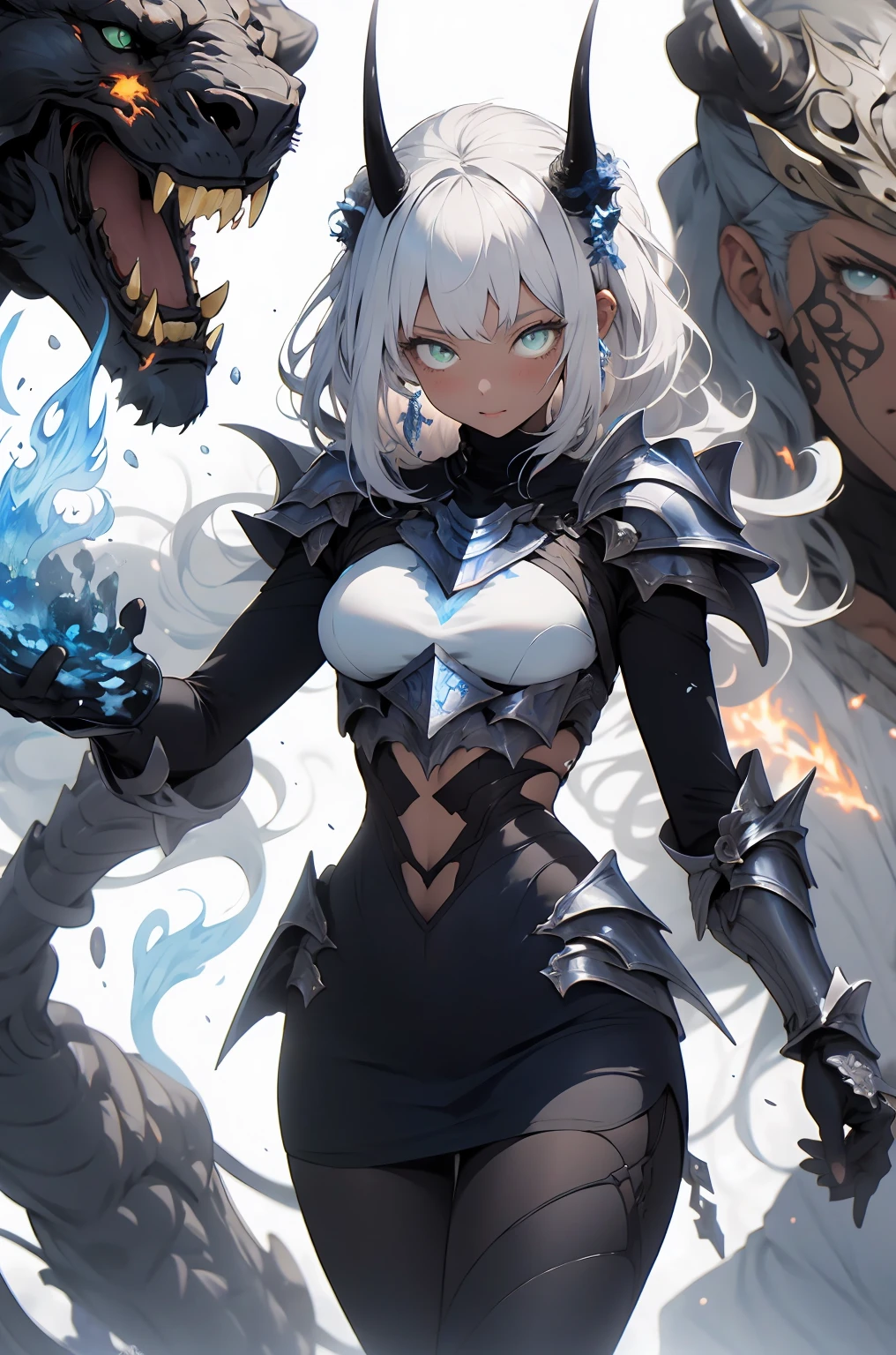 be realistic,(masterpiece,highest quality,highest quality,very detailed,fractal art,most detailed,(abstract background:1.5)(1 girl),Kamimei,(hair length),(green eyes shine、Breasts get bigger,stunned),crystallization,sexy、machine armor、tanned skin、break、devil's horns、berserk , (burning blue flame:1.4),(black pencil skirt)