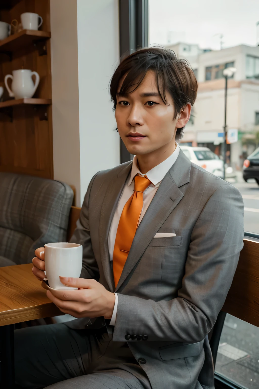 there is a man in a suit and tie sitting at cafe shop, thinking about future, professional, motivational, professional image, short hair, side trim, grey suit, white shirt, orange necktie, 35 years old look, asian face, hold coffee mug, gazing window, thinking deeply, short hair, side swept bangs, UHD, textured skin