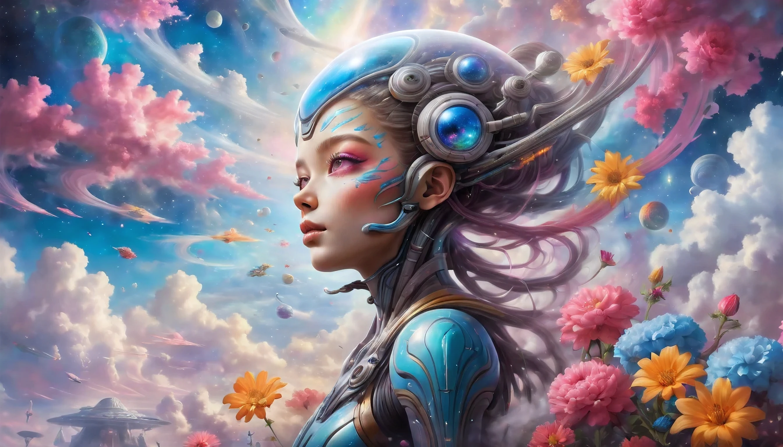 "((Galactic)) scene portraying an alien girl surrounded by a symphony of clouds, splashes of vivid colors, and delicate flowers, an imaginative composition that sparks the viewer's curiosity"