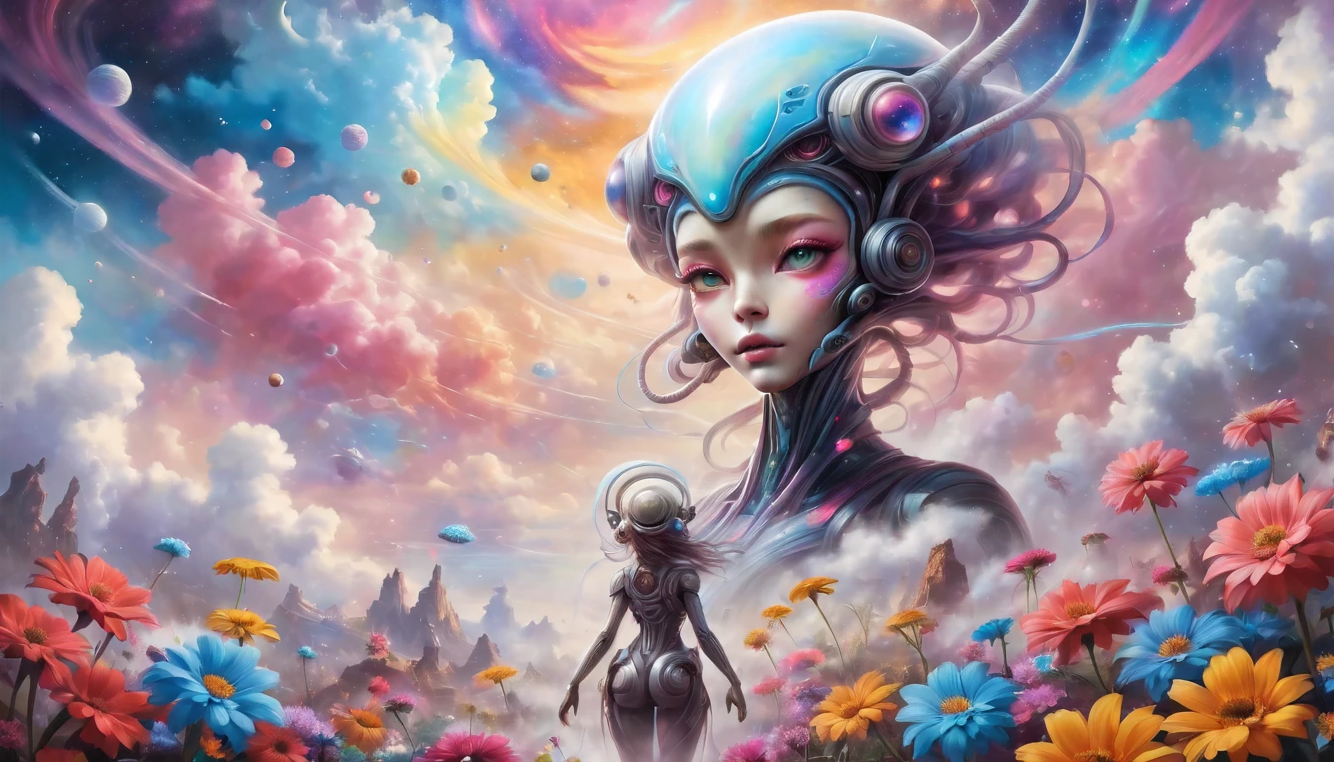 "((Galactic)) scene portraying an alien girl surrounded by a symphony of clouds, splashes of vivid colors, and delicate flowers, an imaginative composition that sparks the viewer's curiosity"