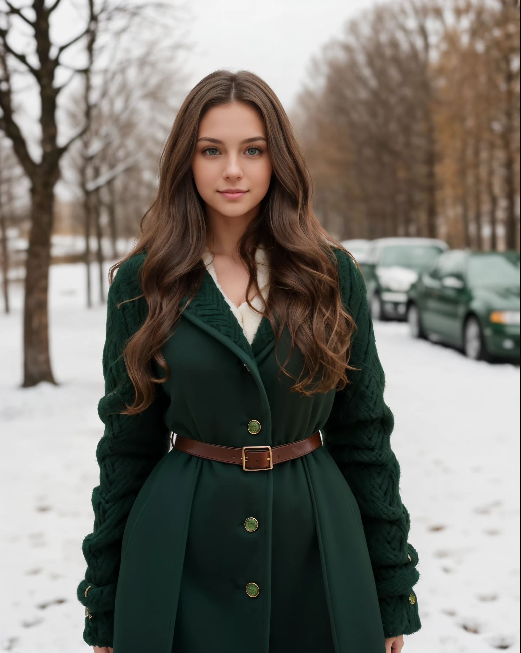(masterpiece), (best quality), (RAW), (16k), (photo), (photorealistic), (ultra realistic), (high detail), (focus, HDR camera, (hight resolution), ISO 100, f/2.8, 85mm, 1/125s, instagram photo, dynamic pose ((only one young woman), (19 years old)), (high skin detail), (brunette, wavy hair, brown hair, (long hair), ((green eyes)), (high skin detail), ((brunette, wavy hair, brown hair)), (((happy))), (standing), (full body), with elegant (black winter sexy clothes) , hard shadows.