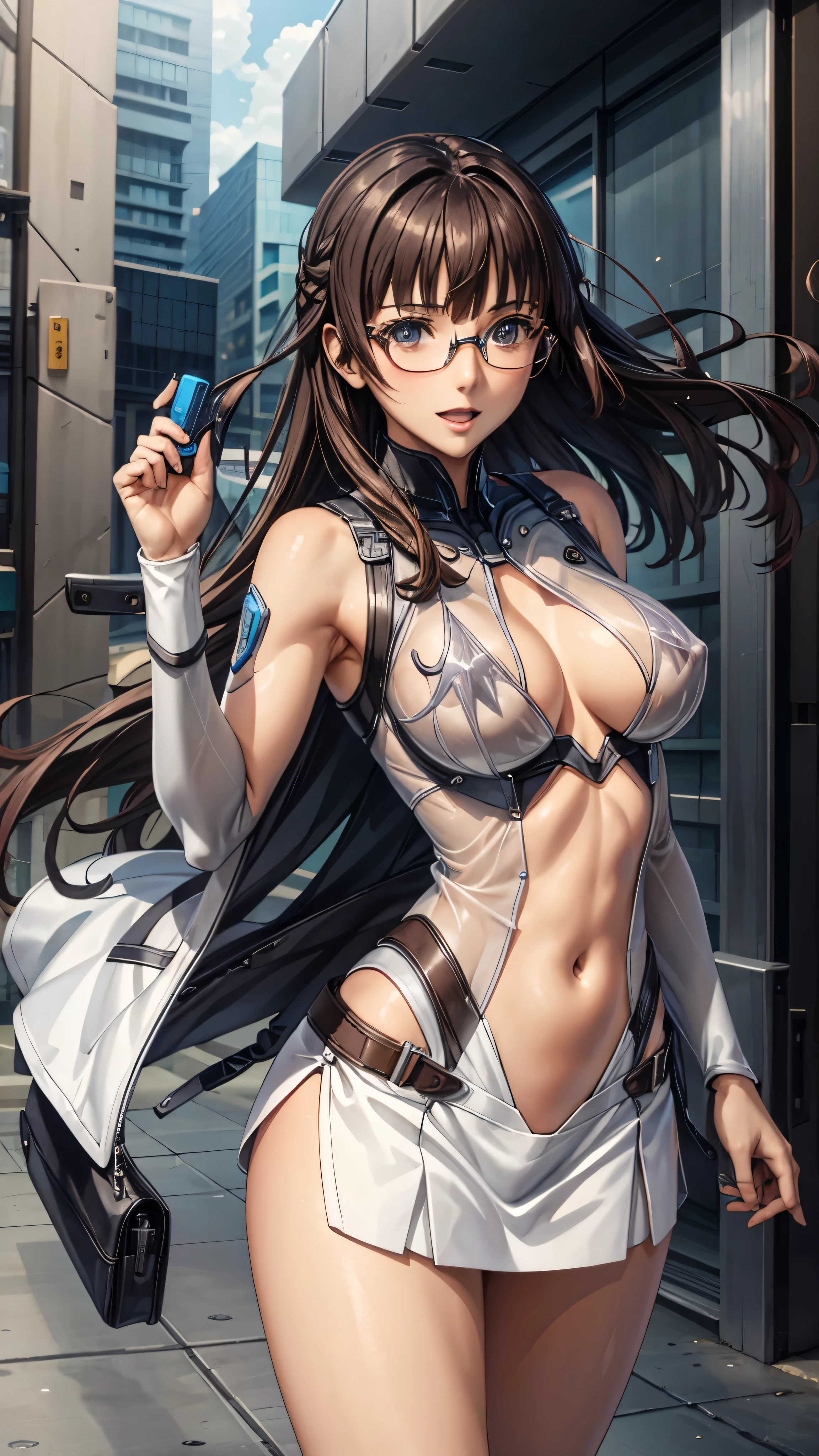 woman,20-year-old,,city,night,white tight miniskirt bodysuit,(Harada Makoto),open mouth smile((See-through))Glasses,((long hair))