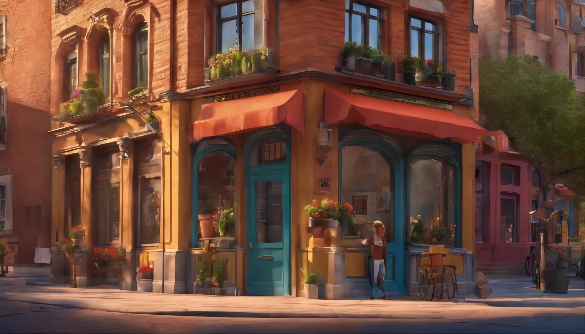 Pixar 3D-style drawing of a slimming clinic in the city center with a character in the foreground