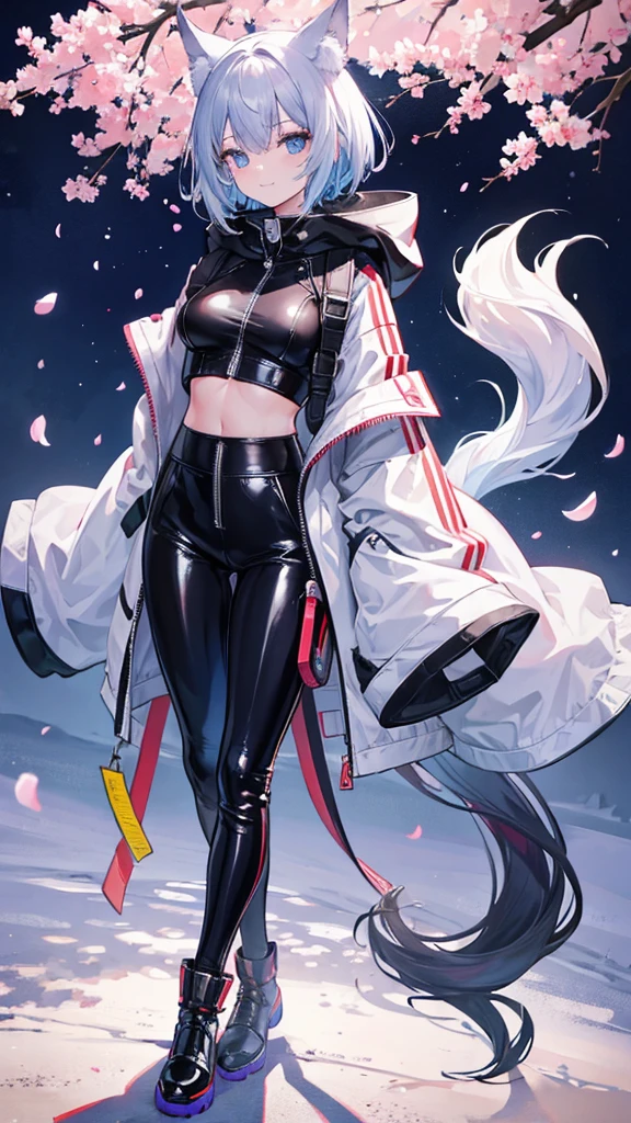 masterpiece,highest quality,fox girl,He is wearing a large oversized hoodie and has his hands in his pockets.,wearing long black tights,These latex pants have a zipper and the zipper is open.,very clear light blue eyes,short hair,Moe sleeves,Image color is pistachio color,small breasts,cherry blossoms,night,I can see your stomach,smiling