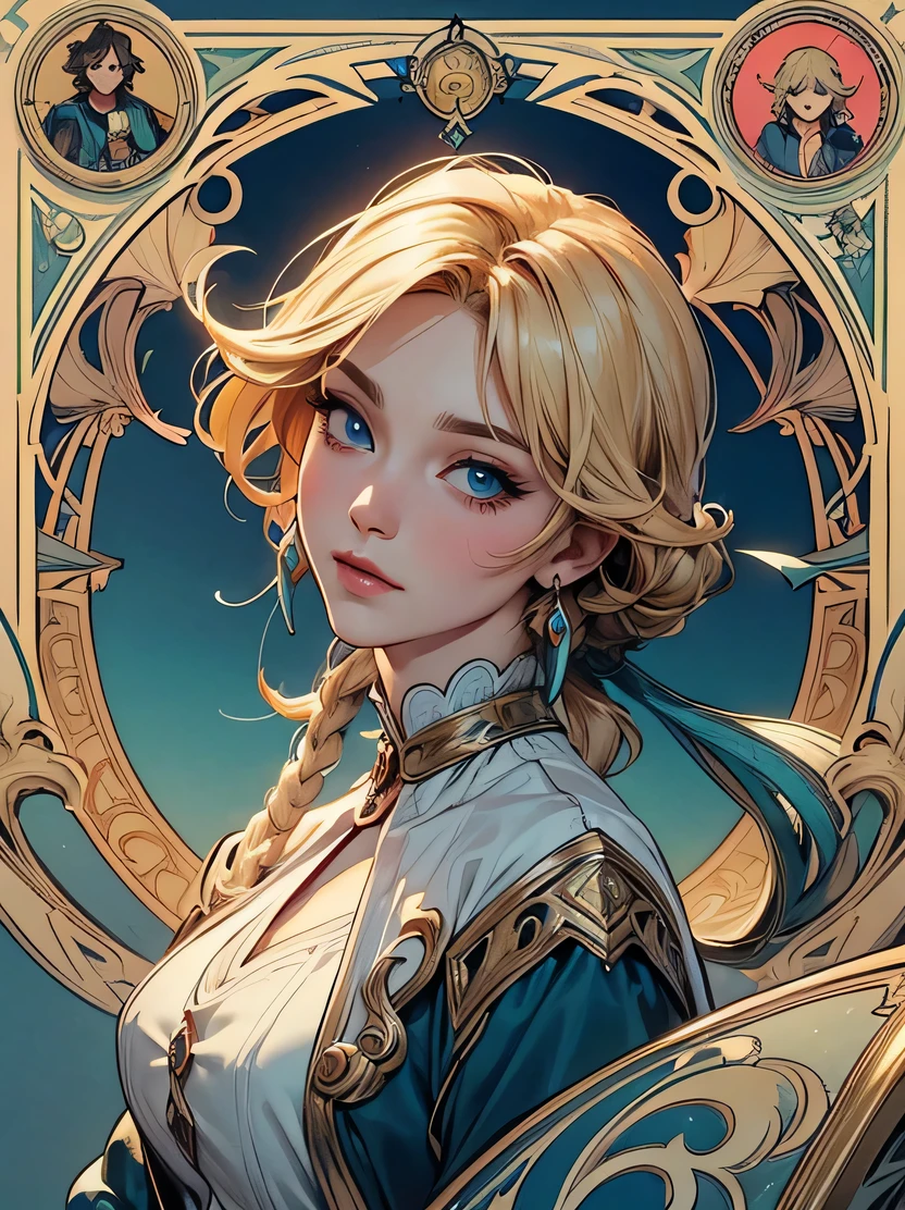 ((masterpiece、highest quality、Super detailed、High resolution、sharp focus、cinematic lighting))、high contrast、high color saturation、face light、cowboy shot、Tideplay、Wind、flying petals、one beautiful woman、short blonde hair、(((hairstyle)))、(((detailed hand drawing)))、Eye color is turquoise blue、((fine eyes、high quality eyes、high quality face))、(highly intricate dress)、official art、sketch、An illustration、tarot card style、gothic frame、art nouveau、Influence of Alphonse Mucha、3DMM
