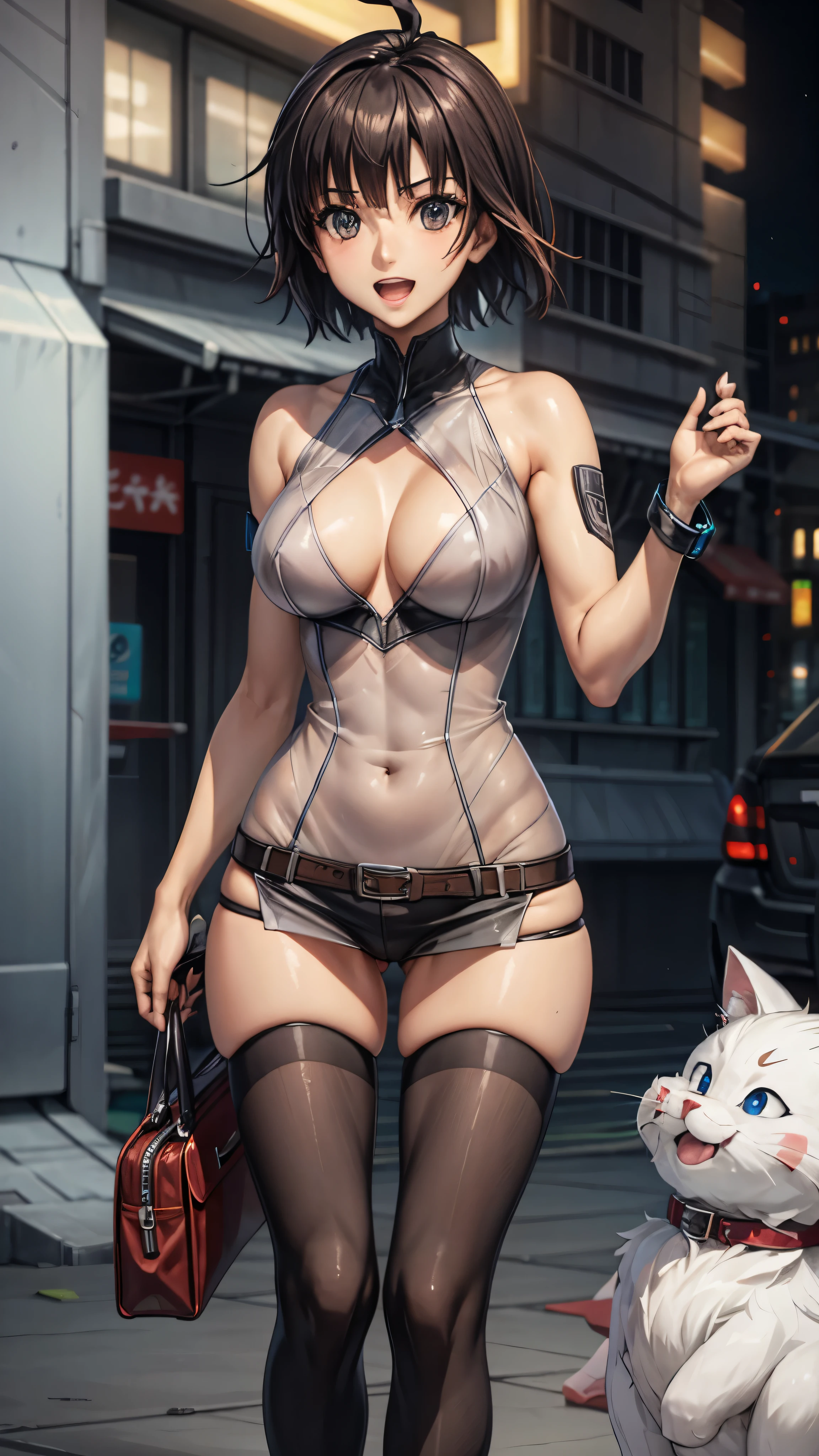 A woman with long black hair and a woman with short blonde hair,20-year-old,,city,night,white tight miniskirt bodysuit,(Harada Makoto),open mouth smile((See-through)),
