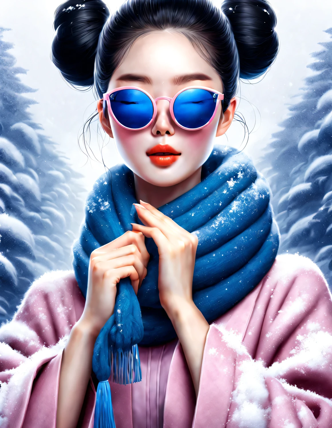 (Modern art fashion character design), Very unified CG, (Half-length close-up), falling snow background, snowfall,
(a beautiful chinese girl，With a gentle smile，Praying with hands together), (A very exaggerated one、A large royal blue woolen scarf covered half of her face: 1.1), (Wearing black sunglasses，Comb your hair in a bun: 1.2), Harmonious combination of classic and modern, (pink sweater and jacket: 1.1), Girl fair and flawless smooth skin, high nose bridge, Head up posture, sad yet beautiful, slender figure, Exquisite facial features, swirling fog illustration, ink painting, black hair, meatball, Proud, Surrealism, contemporary art photography, action painting illustration, abstract expressionism, Pixar, depth of field, motion blur, backlight, radiation, decline, Head up angle, Sony FE General Manager, ultra high definition, masterpiece, accurate, textured skin, Super details, high detail, high quality, Award-winning, best quality, Level, 16k, Photographed from a bottom-up perspective, interesting,