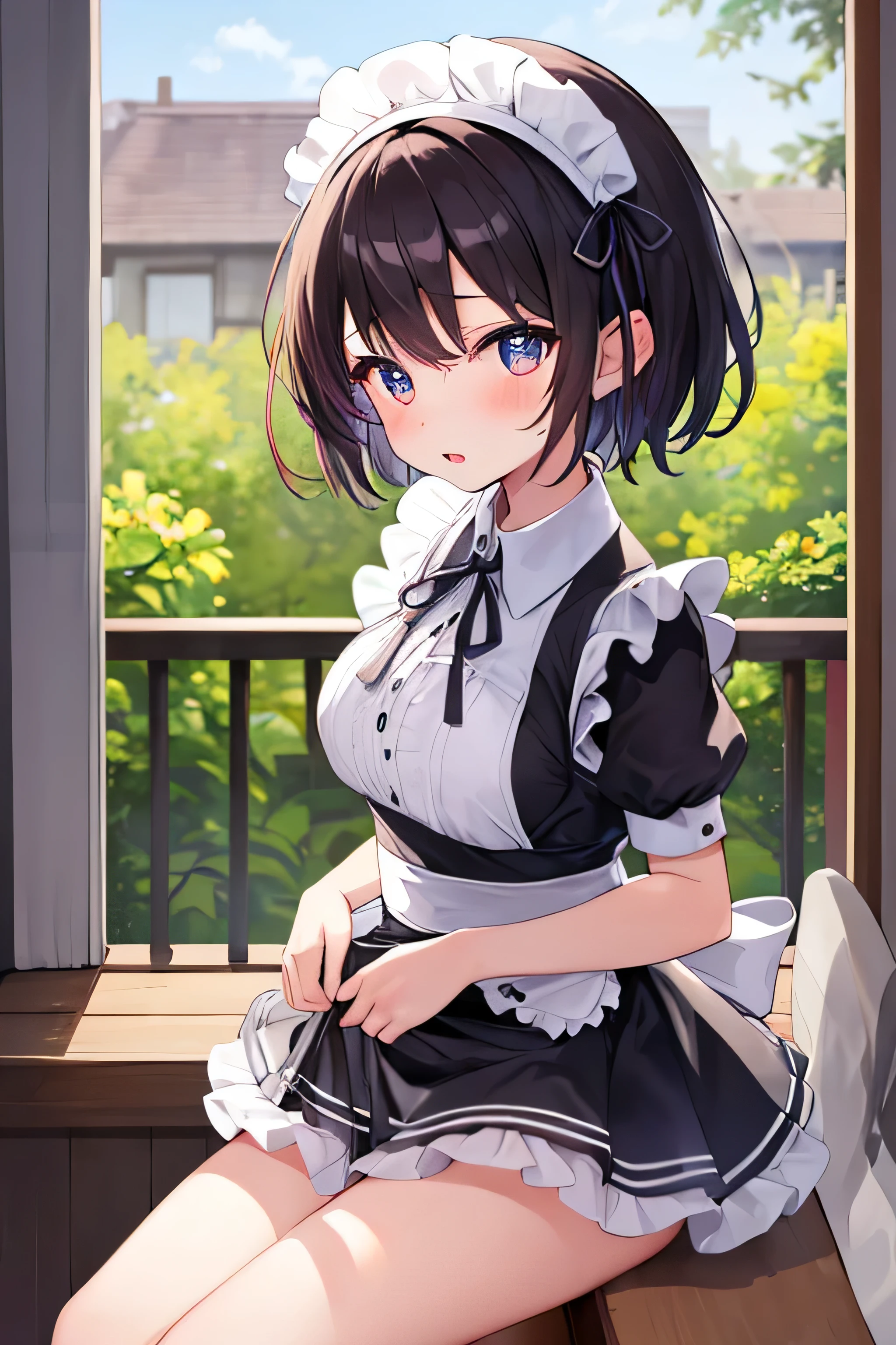 masterpiece、Highest image quality、ultra high resolution、NSFW、big breasted girl、short hair、red face、shyly、mock、Please open your mouth just a little、Short sleeve maid uniform for elementary school skirt for elementary school girls、Striped panties for eary school girls、sit、spread your legs wide、S knee high socks for elementary school girls、Maid headband for elemls、kitchen
