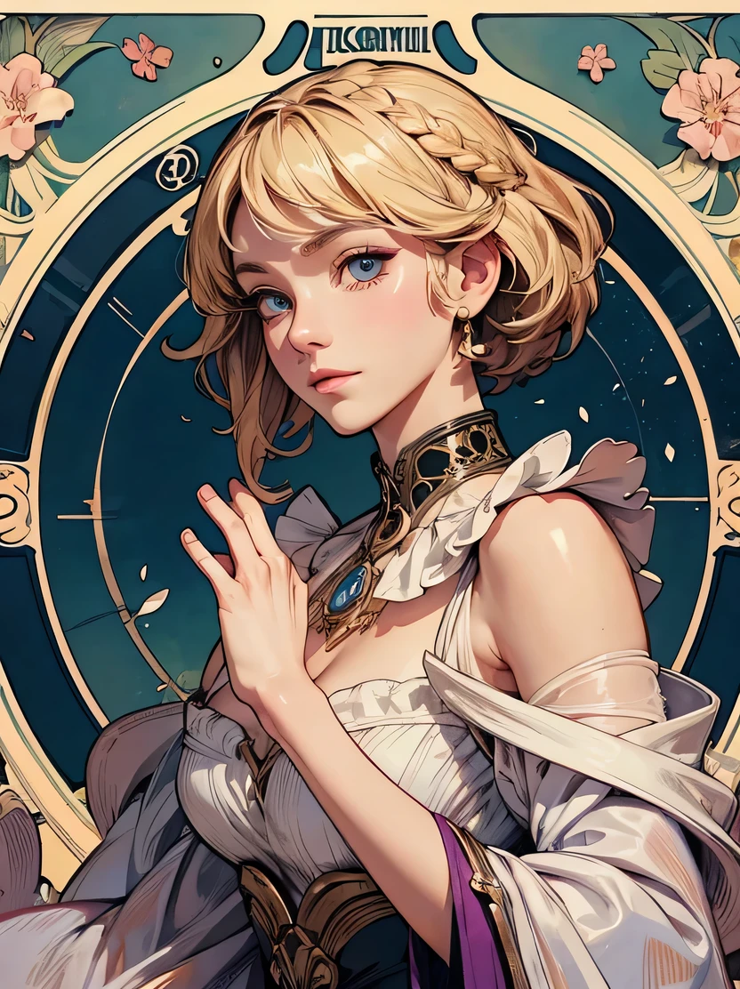 ((masterpiece、highest quality、Super detailed、High resolution、sharp focus、cinematic lighting))、high contrast、high color saturation、face light、cowboy shot、Tideplay、Wind、flying petals、one beautiful woman、short blonde hair、(((hairstyle)))、(((detailed hand drawing)))、((fine eyes、high quality eyes、high quality face))、(highly intricate dress)、official art、sketch、An illustration、tarot card style、gothic frame、art nouveau、Influence of Alphonse Mucha、3DMM