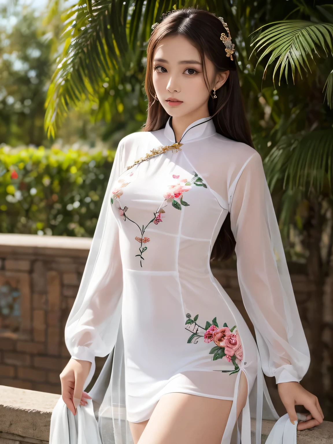 drooping eyes, realistic skin, ecstasy, ((completely transparent) see-through Ao-dai with floral pattern on the naked), open legs, outside,