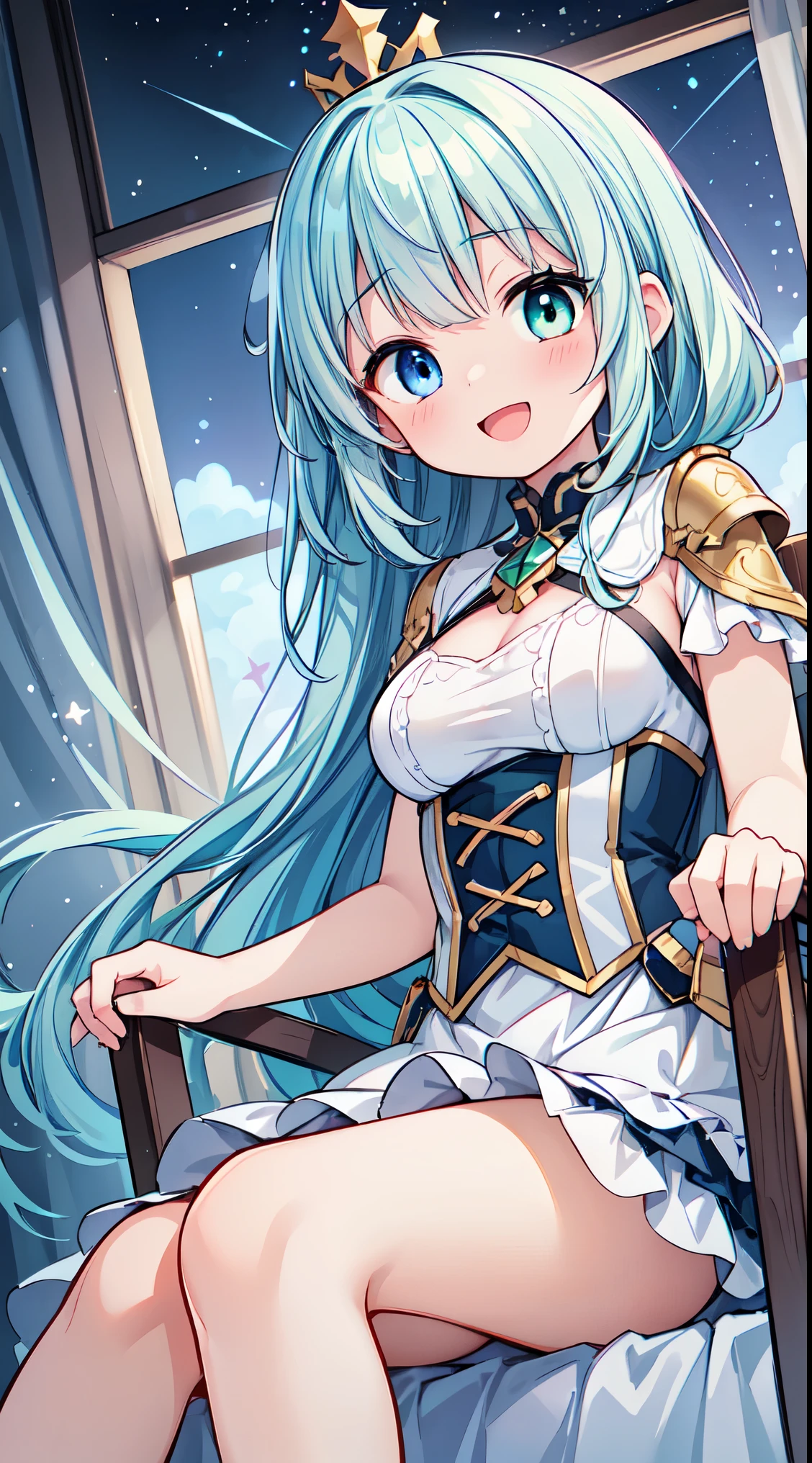 (masterpiece, top quality, best quality, official art, beautiful and aesthetic:1.2),ultra-detailed,intricate details,amazing illustration,award-winning art,atmospheric,
BREAK 1 beautiful girl, (17 years old girl),Solo,(Cute:1.5),(Chibi:0.6),(kawaii:1.5),(Lori:0.5),BREAK,(17 years old girl), 1 beautiful girl,Very detailed,colourfull,highest details,Clear skin,Beautiful skin,Shy,Very detailed,colourfull,highest details,BREAK,Clear skin,Beautiful skin,Shy skin,BREAK,(Heterochromia,blue eyes,Green eyes, Eye Highlights,The first hyperfine stars:1.45),star eye silhouette ,BREAK,(pale blue hair, Medium length:1.4),(side ponytail,A little curly hair,Princess Cut, crossed bangs:1.3),(large breasts,Beautiful breasts(best quality face),(Top quality glowing eyes),(The best smile,:D:1.45),
BREAK,arms below breasts,
BREAKpajamas, solo, chibi, beautiful detailed eyes, sitting on the floor, (((surprised))) Throne Room of Royal Palace,((cross legs)), winter morning, window, blanket, panty, queen girl on throne, Wear big crown, smile,
BREAK,wakame,wakame,wakame,(dynamic pose,dynamic angle:1.4), from below,
BREAK,(Blurry background:1.3),(absurderes, hight resolution, Super Detail Art),cel shading,Clear Color, Lonely optical effect, Beautiful pictures, Bright glow, mystic atmosphere,(Close-up of girl:1.1), Mystical light particle effect,manga influence, clean line drawings,