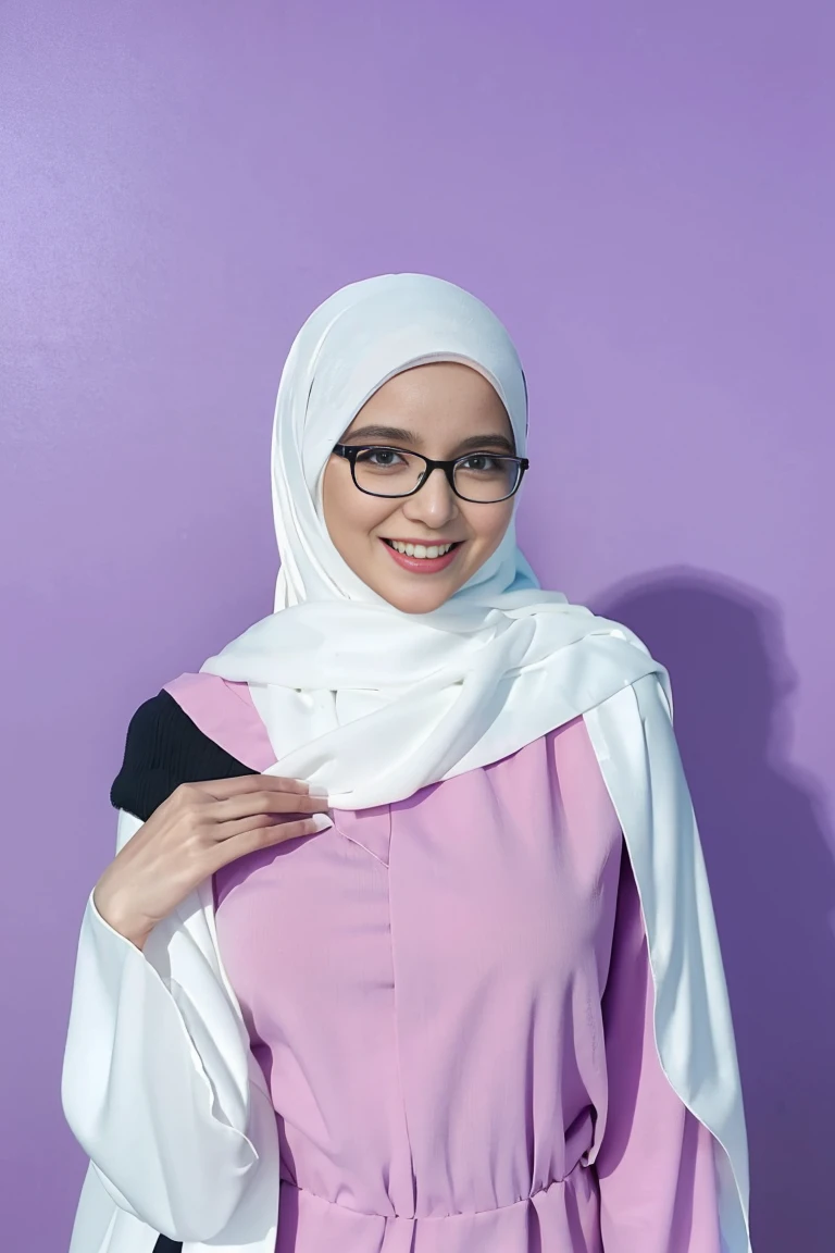 Digital drawing, brenizer effects, splash paint, young woman with smile face, medium breasts, over the shoulder pose, long pastel white shawl with purple abaya, wide-frame glasses, background digital art graffiti on black wall, ultra details any aspect of drawing, UHD 8K