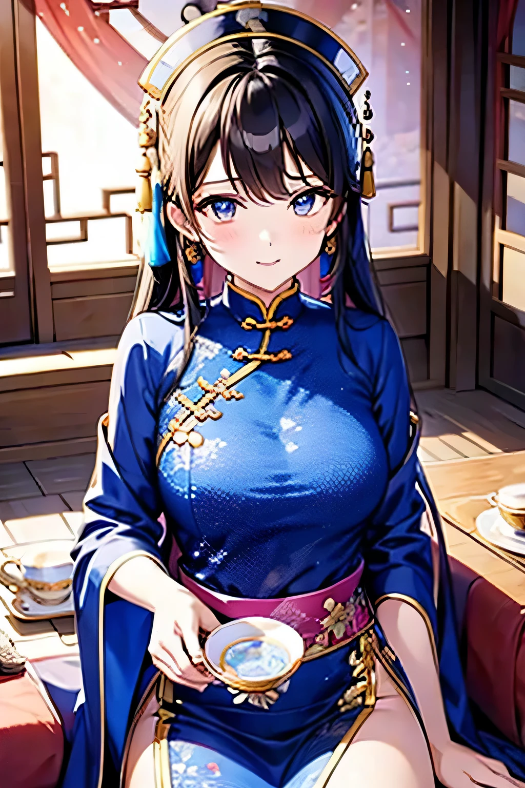 high quality, masterpiece, Ultra Detailed, Bottom View,1 girl, Extremely detailed facial details,Navel,Black and gold maid costume,maid crown,White wedding tiara,Kneeling on the ground,Plate in hand,Red lips,handcuffs,collar,Calm expression,Smile,handcuffs,collar,Black long hair, Attractive pink eyes, Fox ears, Ridiculously big, glowing skin, Wooden floor,Smoke willow painting bridge,Wind curtain,Jiangnan Town Outdoor Scenery,landscape painting
