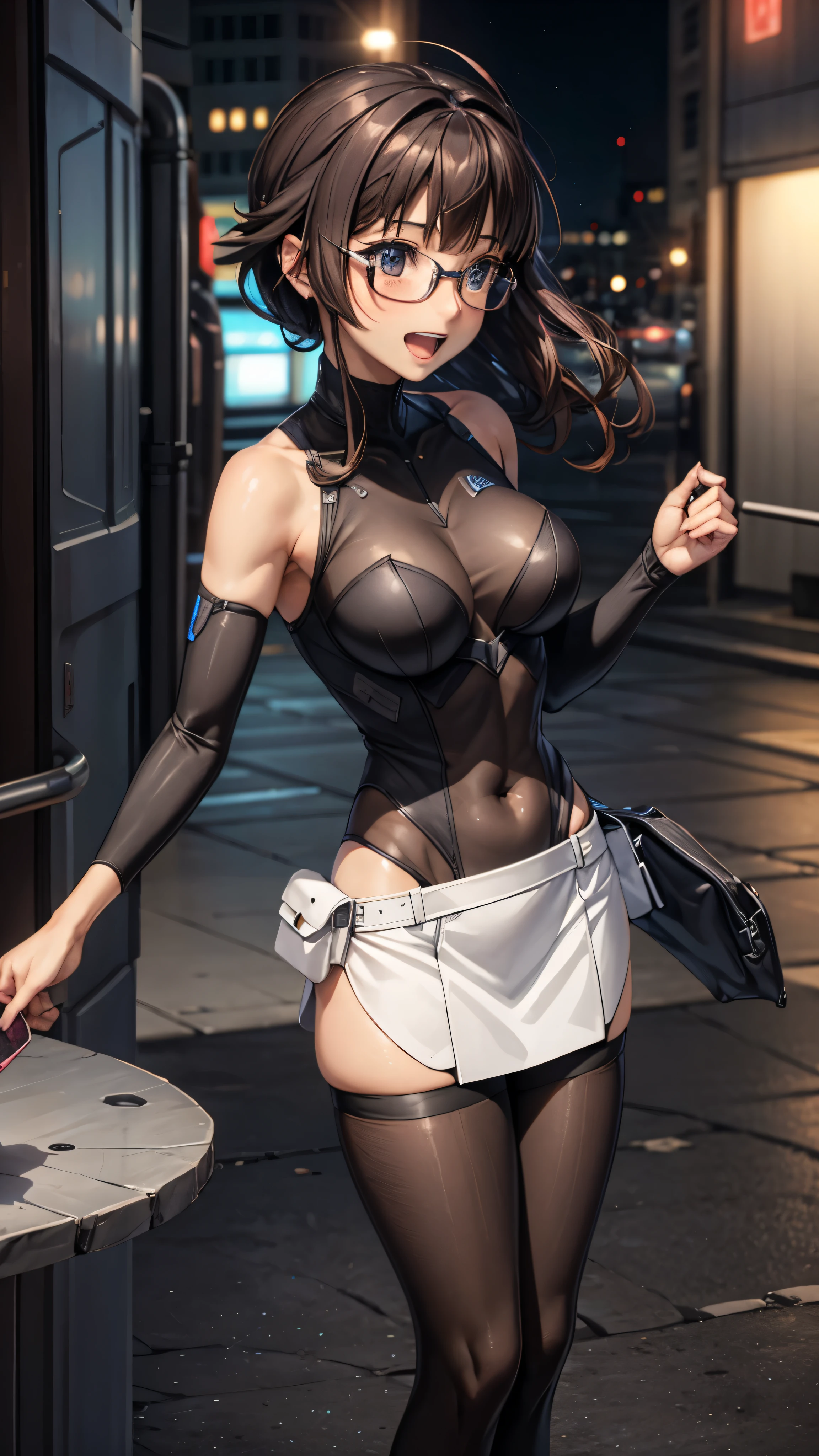 woman,,,city,night,white tight miniskirt bodysuit,(Harada Makoto),open mouth smile((See-through)),((baby girl bo),Glasses,long hair