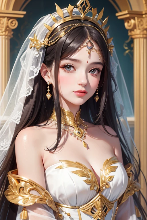 tmasterpiece，Best quality at best，（8k very detailed CG unit wallpaper）（Best quality at best），（Best Best Illustration），（The best shadow） Gorgeous and intricate gold-trimmed wedding dress, intricate headpiece, ssmile, White skin of the, pretty  face, Harmonious facial features, figure and noble face, In line with the popular aesthetic of face slimming