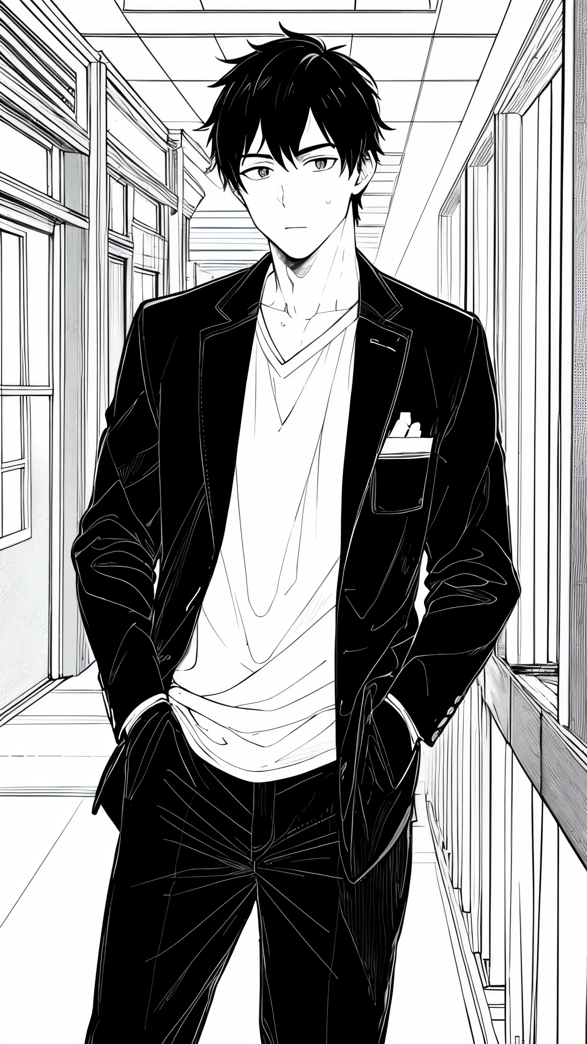 masterpiece, best quality, 1man, uniform, hand in pocket, school bag, black hair, black eyes, cyberpunk, street, monochrome, lineart