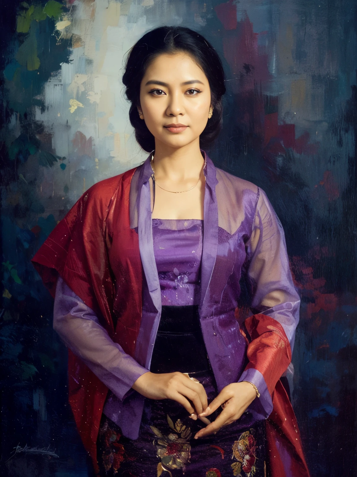 lady with kebaya, Basuki Abdullah,master painter,Basoeki Abdullah,Indonesia,oil painting,portraits,(best quality,highres),vivid colors,meticulous brushstrokes,detailed facial features,bright natural lighting,classic style