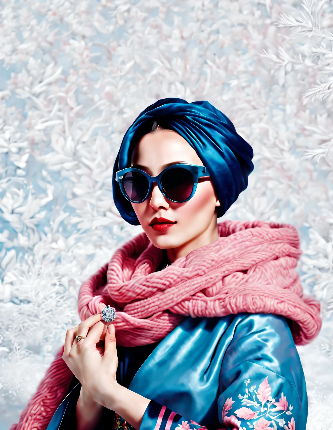 (Modern art fashion character design), Very unified CG, (Half-length close-up), falling snow background, snowfall,
(a beautiful chinese girl,With a gentle smile,Praying with hands together), (A very exaggerated one、A large royal blue woolen scarf covered half of her face: 1.1), (Wearing black sunglasses,Comb your hair in a bun: 1.2), Harmonious combination of classic and modern, (pink sweater and jacket: 1.1), Girl fair and flawless smooth skin, high nose bridge, Head up posture, sad yet beautiful, slender figure, Exquisite facial features, swirling fog illustration, ink painting, black hair, meatball, Proud, Surrealism, contemporary art photography, action painting illustration, abstract expressionism, Pixar, depth of field, motion blur, backlight, radiation, decline, Head up angle, Sony FE General Manager, ultra high definition, masterpiece, accurate, textured skin, Super details, high detail, high quality, Award-winning, best quality, Level, 16k, Photographed from a bottom-up perspective, interesting,
