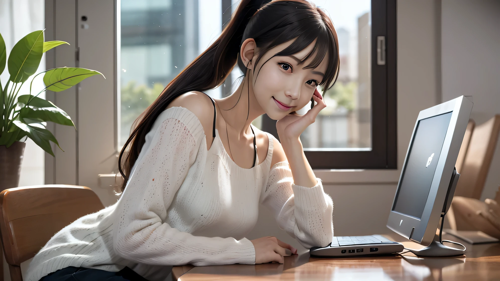 (full body photo:1.4)、(((shot from the side)))、 (RAW photo:1.2)、(Photoreal:1.4)、(masterpiece:1.3)、(highest quality:1.4)、dream-like、(fine eyes)、(detailed facial features)、(Detailed features of the garment)、skin tightening、(shiny skin、Human skin)、(slender girl)、(slim girl)、one girl、28 years old、secretary、career woman、(((Ponytail hair with bangs、black hair、black eye、Big eyes、There is a distance between the eyes、droopy eyes、big and full breasts、beautiful、please show me your ears、long neck、big smile、Mouth closed and serious expression)))、ideal body proportions、insincere smile、cute、smile、28 years oldの日本の女性、Beautiful leg form、デスクのパソコンでkeyboardを入力している、(((While looking at the computer screen in front of me)))、profile photo、Office Casual、small necklace、Large office background、Features contemporary design furnishings, including armchairs upholstered in black and gray leather, tempered glass coffee tables with chrome bases, a solid wood meeting table with black leather chairs,It has large windows、You can see skyscrapers outside the window、daytime、Sunny、Computer screen,keyboard,powerful,stylish,high end technology,Contemporary lighting,Uncluttered workspace