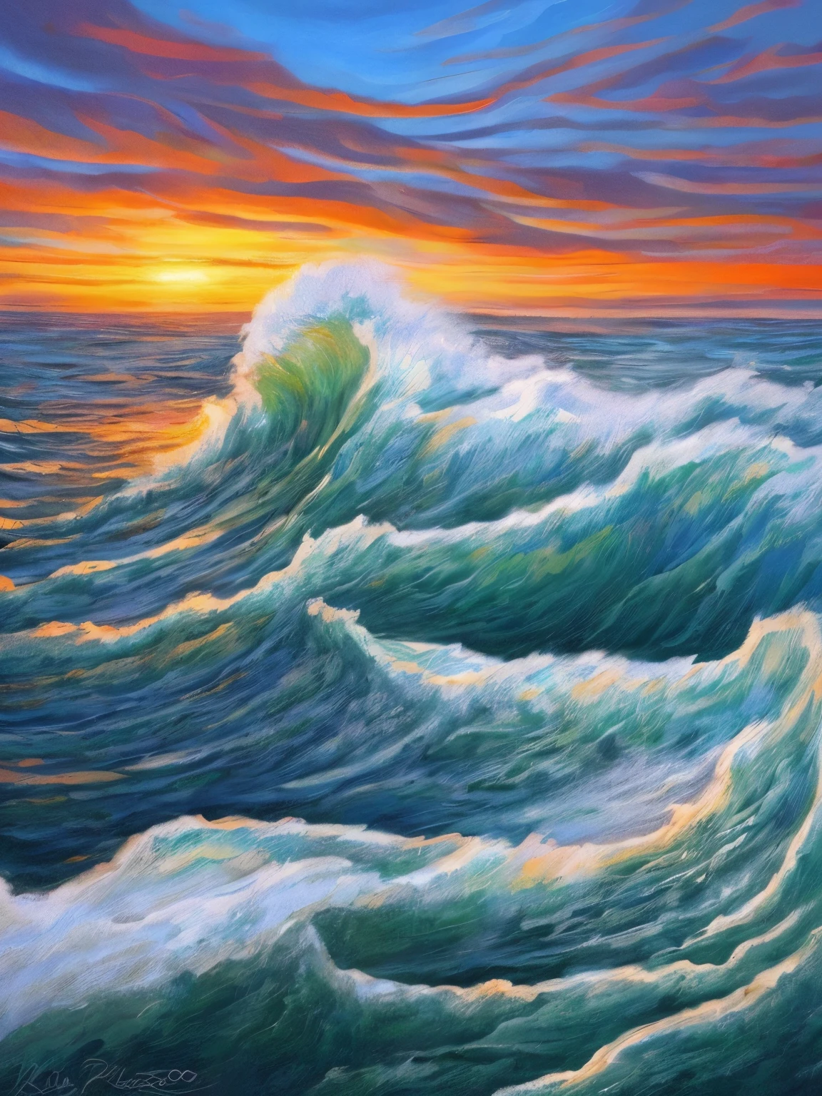 Paint a sunset over the ocean，Painting of waves crashing against the shore, author：Richard Seidron, beautiful digital painting, 8k resolution digital painting, 8 k resolution digital painting, Gorgeous digital painting, author：Alexander Kucharisky, author：Sylvain Salair, 4k highly detailed digital art, Detailed painting 4 K, Beautiful art UHD 4 K, stunning digital painting