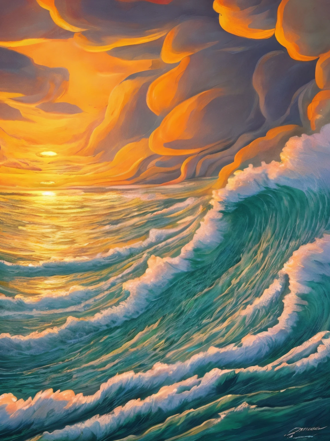Paint a sunset over the ocean,Painting of waves crashing against the shore, author:Richard Seidron, beautiful digital painting, 8k resolution digital painting, 8 k resolution digital painting, Gorgeous digital painting, author:Alexander Kucharisky, author:Sylvain Salair, 4k highly detailed digital art, Detailed painting 4 K, Beautiful art UHD 4 K, stunning digital painting