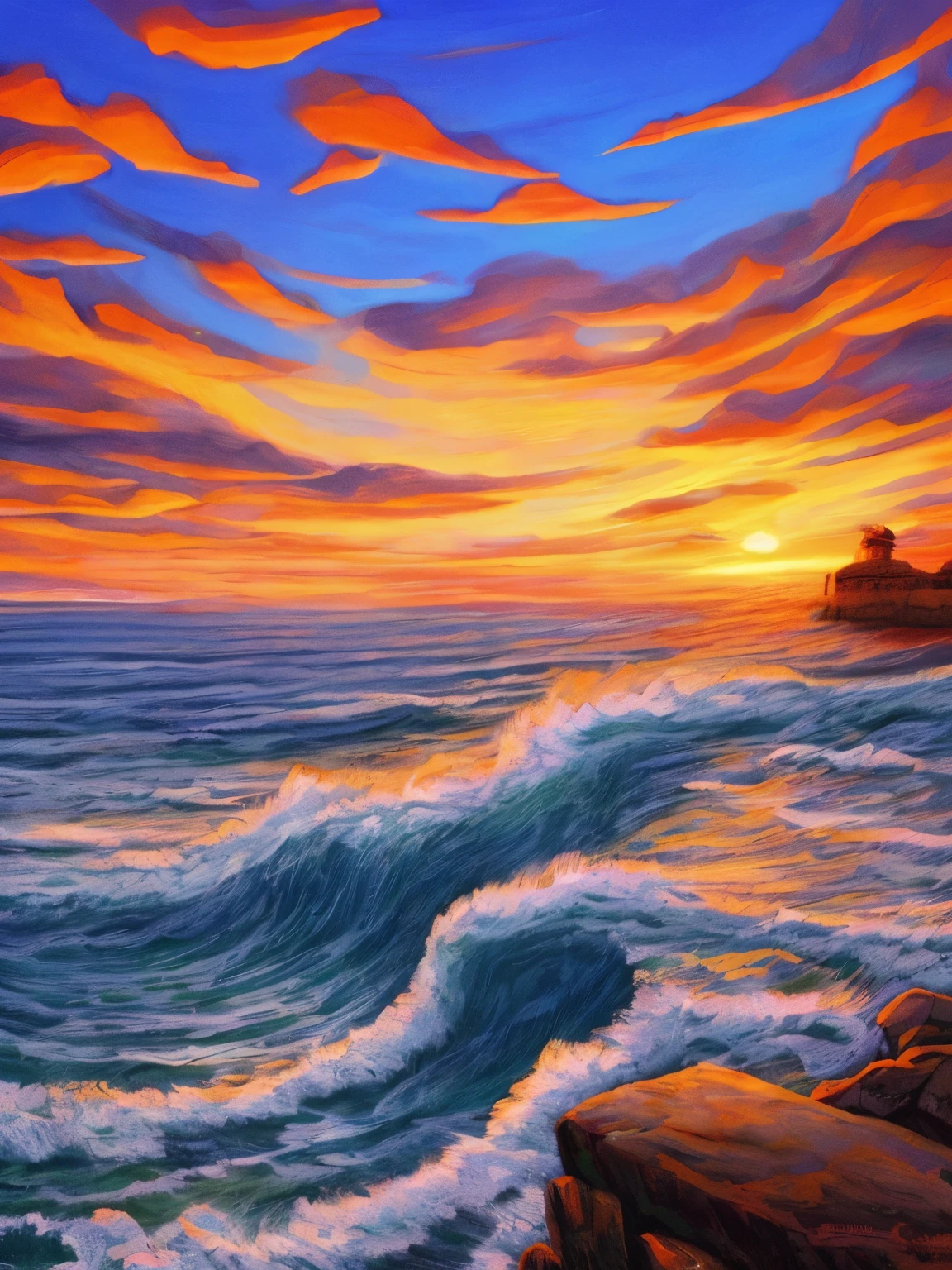 Paint a sunset over the ocean,Painting of waves crashing against the shore, author:Richard Seidron, beautiful digital painting, 8k resolution digital painting, 8 k resolution digital painting, Gorgeous digital painting, author:Alexander Kucharisky, author:Sylvain Salair, 4k highly detailed digital art, Detailed painting 4 K, Beautiful art UHD 4 K, stunning digital painting