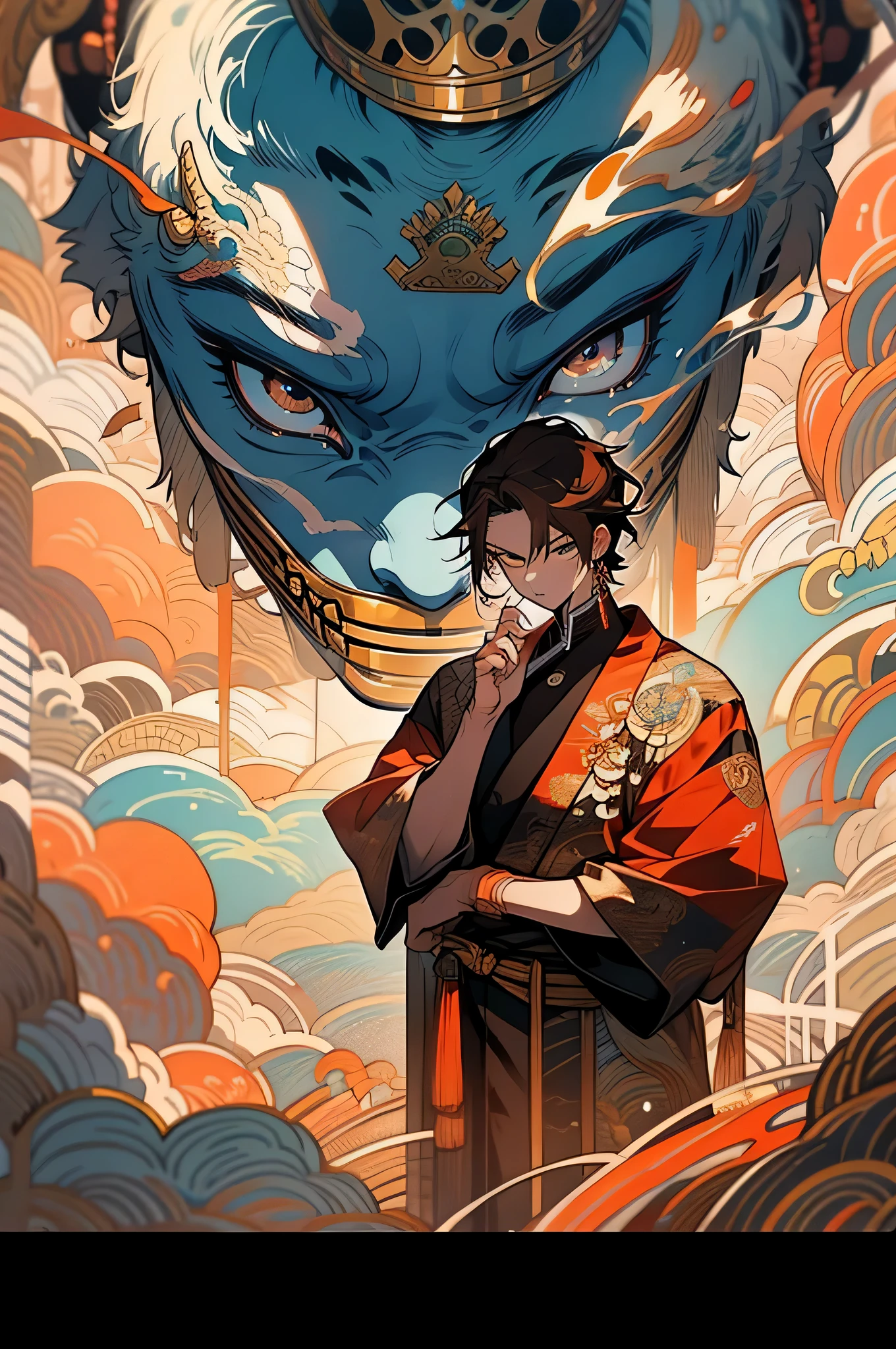 A handsome male high school student,19 yaers old,(Wear a Japanese black high school uniform:1.5),(A huge red male fox lies next to the man:2) ,,(The man sits on the king's throne:1.2),(shortwavy brown hair ),The whole body glows,gazing at the camera,:2),(Front focus),Fantasyart,Piece realistic,动态照明,art stations,poster for,Volumetriclighting,Very detailed faces,16 k,Award-Awarded