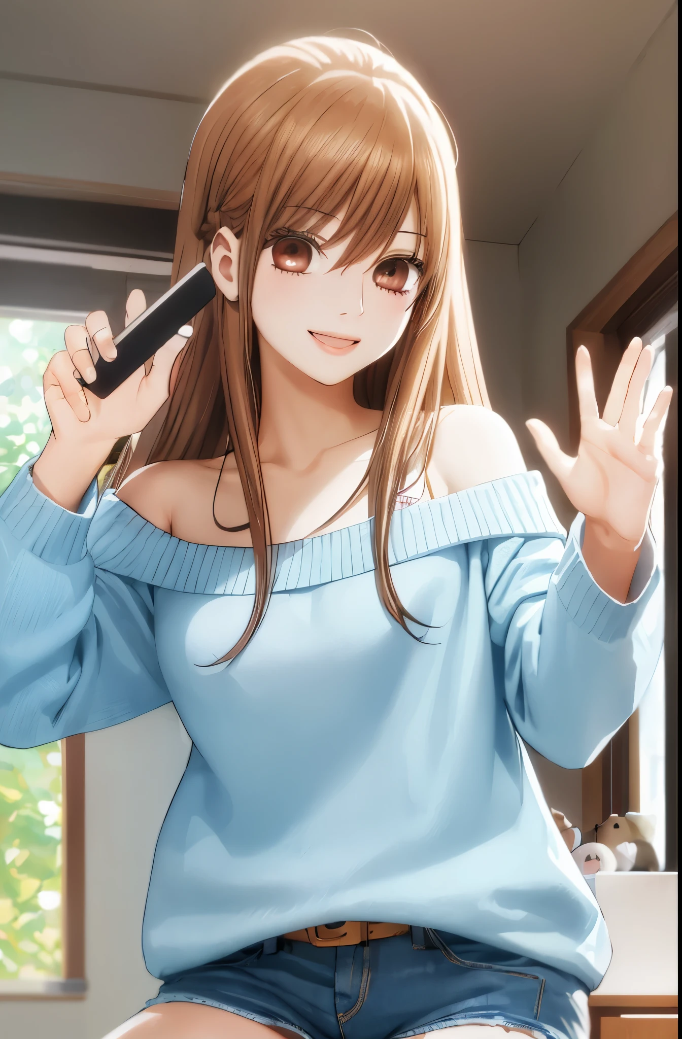 masterpiece, highest quality, 8K, 超High resolution, highest quality, anime style, best writing, beautiful face, smile, 1 girl, open your mouth, smile, highest quality, High resolution, intricate details, highest quality, chromatic aberration, brown hair, Do not tie hair, 1 girl, alone, (sweater:1.3), off shoulder, (denim shorts:1.3), long hair, thighs, long hair, (Upper body:1.3), wave hands, girl&#39;s room, Have a smartphone