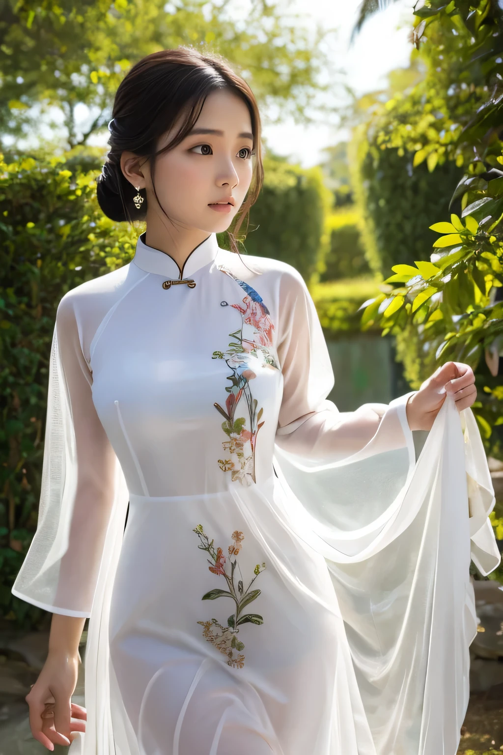 (drooping eyes, realistic skin, round face), ecstasy, ((completely transparent) see-through Ao-dai with floral pattern on the naked), open legs, outside, angle from below,
