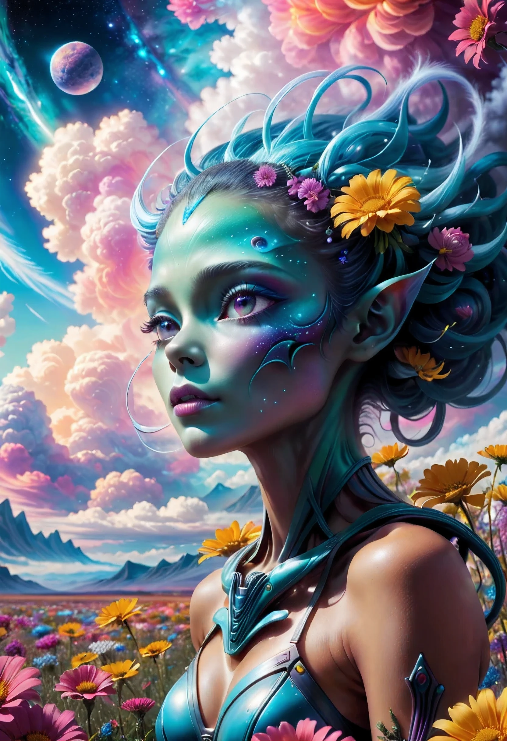 "((Galactic)) scene portraying an alien girl surrounded by a symphony of clouds, splashes of vivid colors, and delicate flowers, an imaginative composition that sparks the viewer's curiosity"